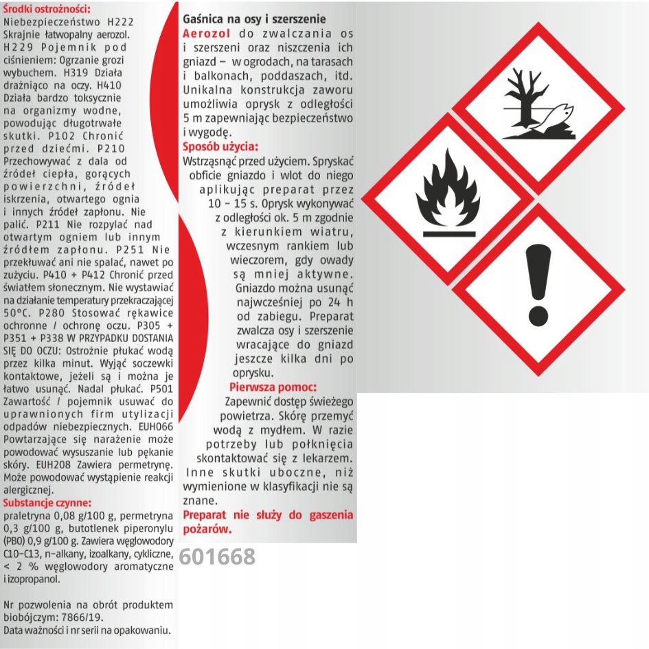 Silny Spray Gaśnica Aerozol Na Osy Szerszenie Gniazda BROS 600mlx2szt. Rodzaj rozpylacz, aerozol