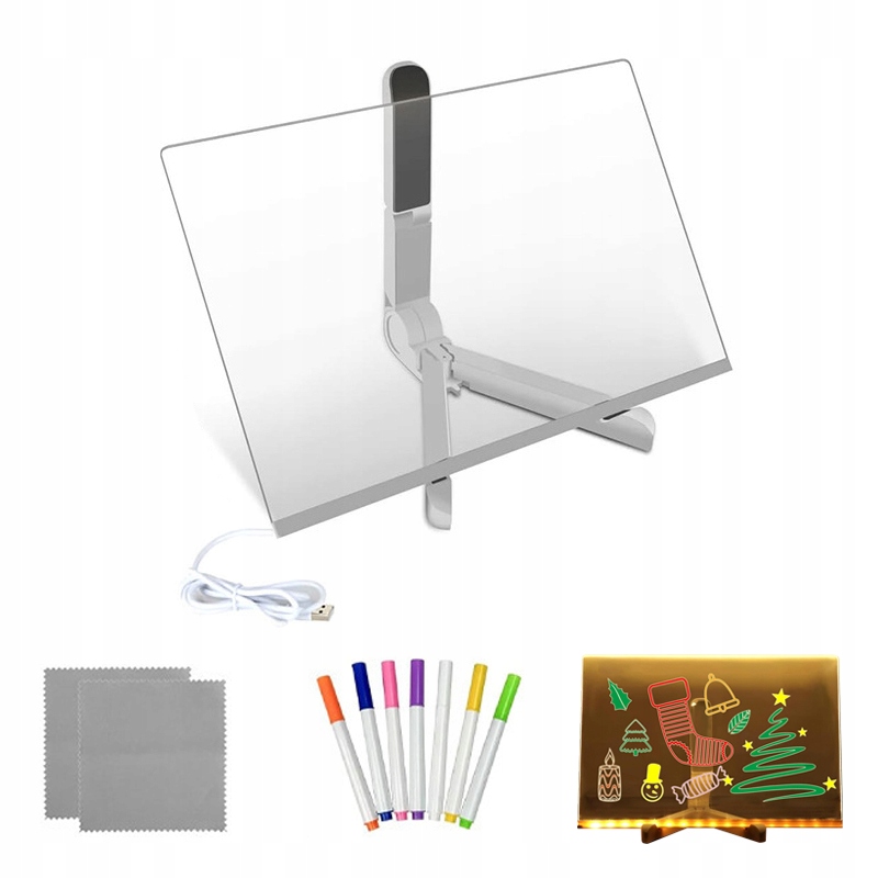 TABLICA LED DO RYSOWANIA AKRYLOWA PODŚWIETLANA PISAKI 30X20CM ZESTAW ZE STATYWEM