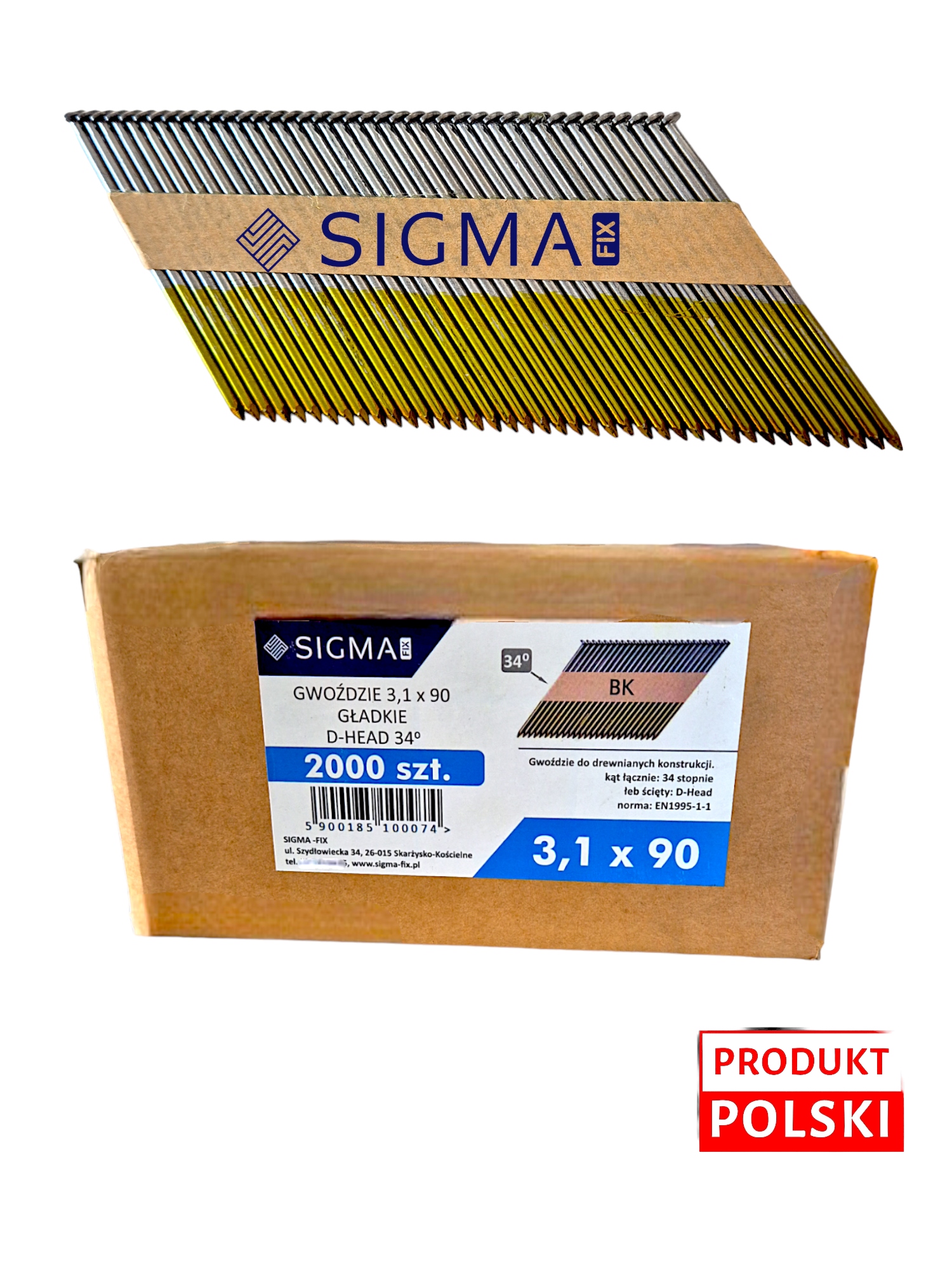 Gwoździe do gwoździarki łączone papierem 3,1x90 2000 sztuk Gładkie 34°