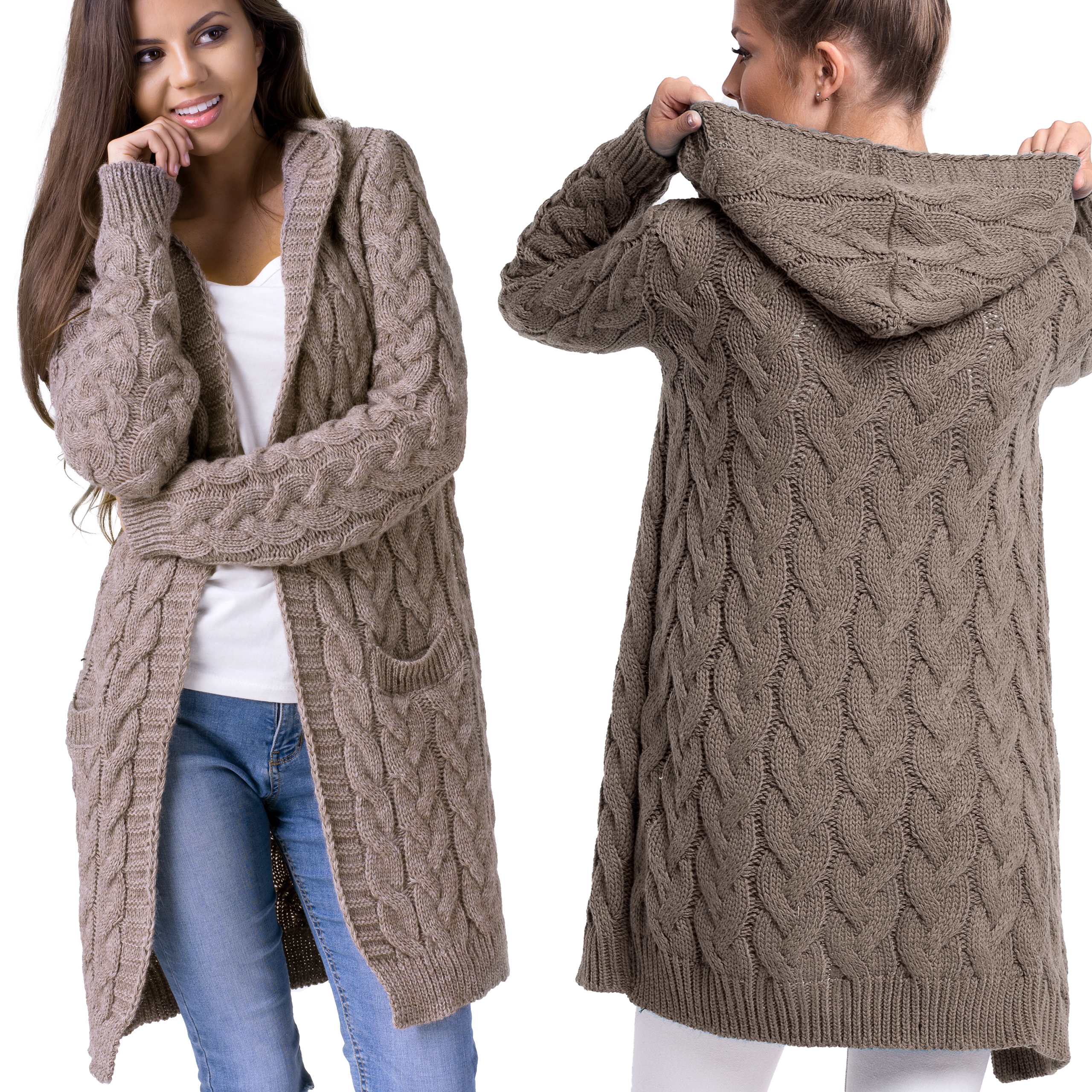 GLORIA BLOGERSKI CIEPŁY KARDIGAN Z KAPTUREM S/M Dekolt prosty