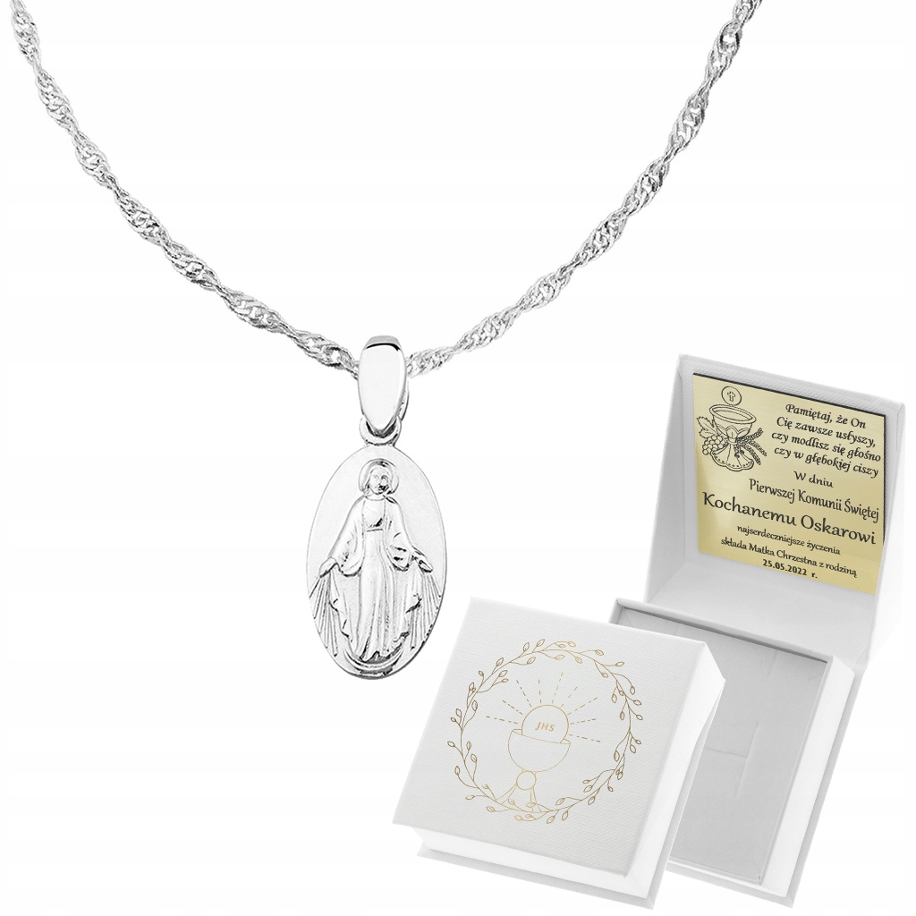 Srebrny MEDALIK CUDOWNY z łańcuszkiem SREBRO 925 RODOWANY BIERZMOWANIE