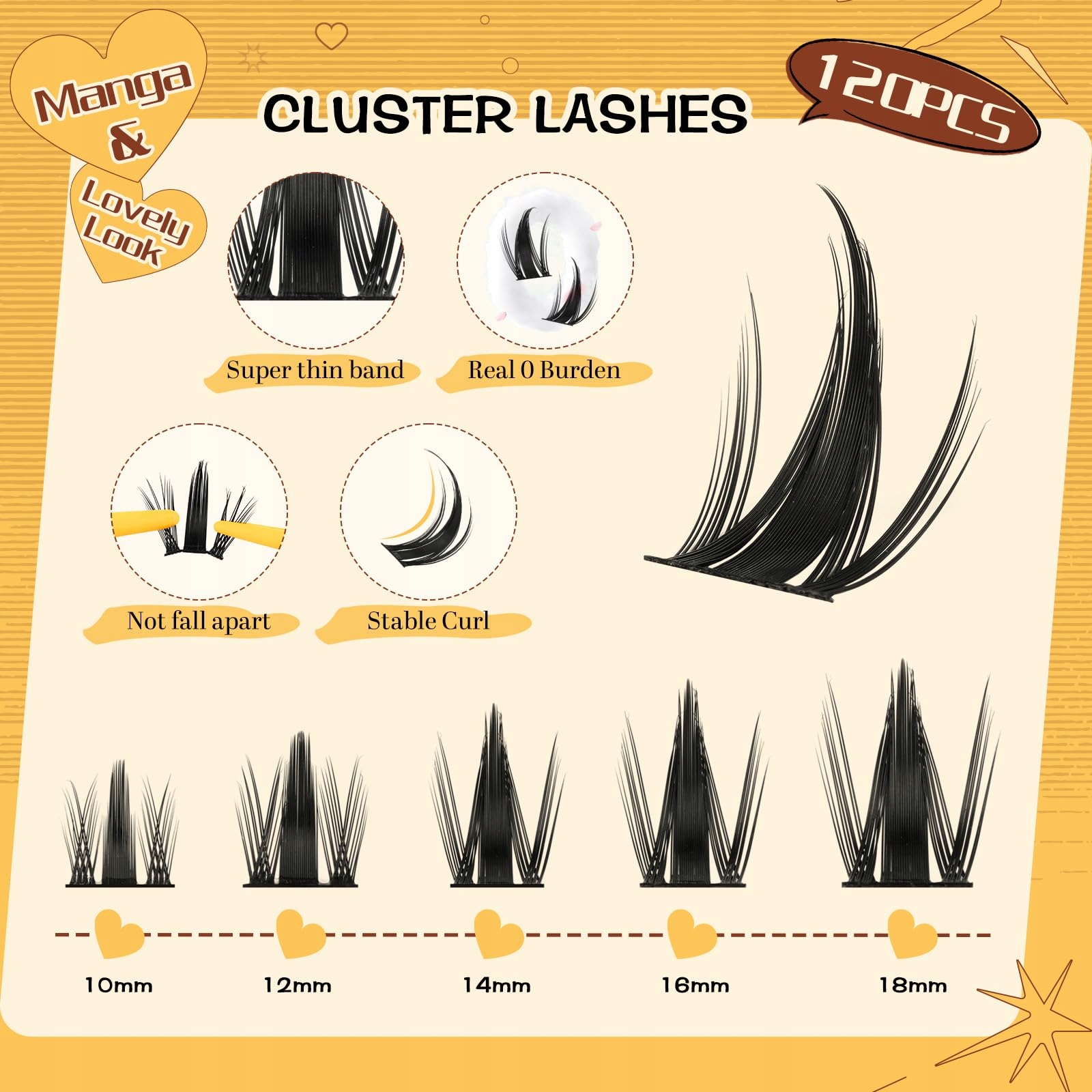 QUEWEL Zestaw Rzęs Manga 120 Sztuk Kępki 10–18mm Klej Pęseta DIY — miniatura 5