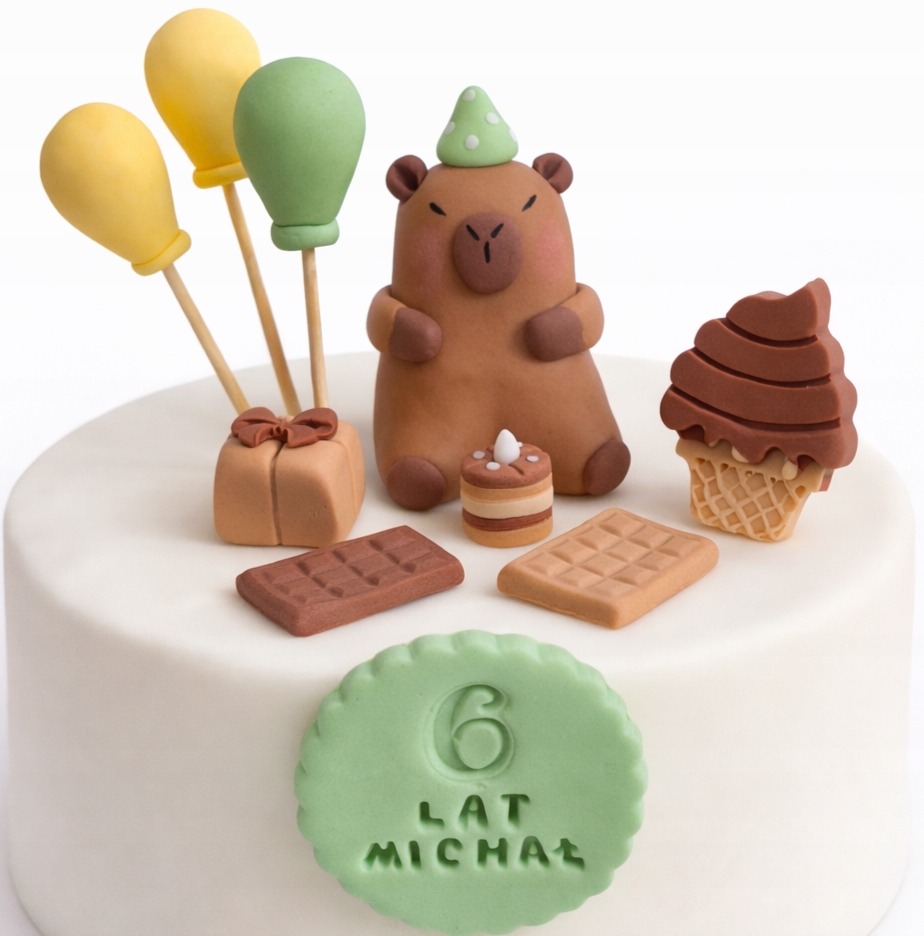 Levně Sada cukrových dekorací Kapybara s balónky a sladkostmi na dort
