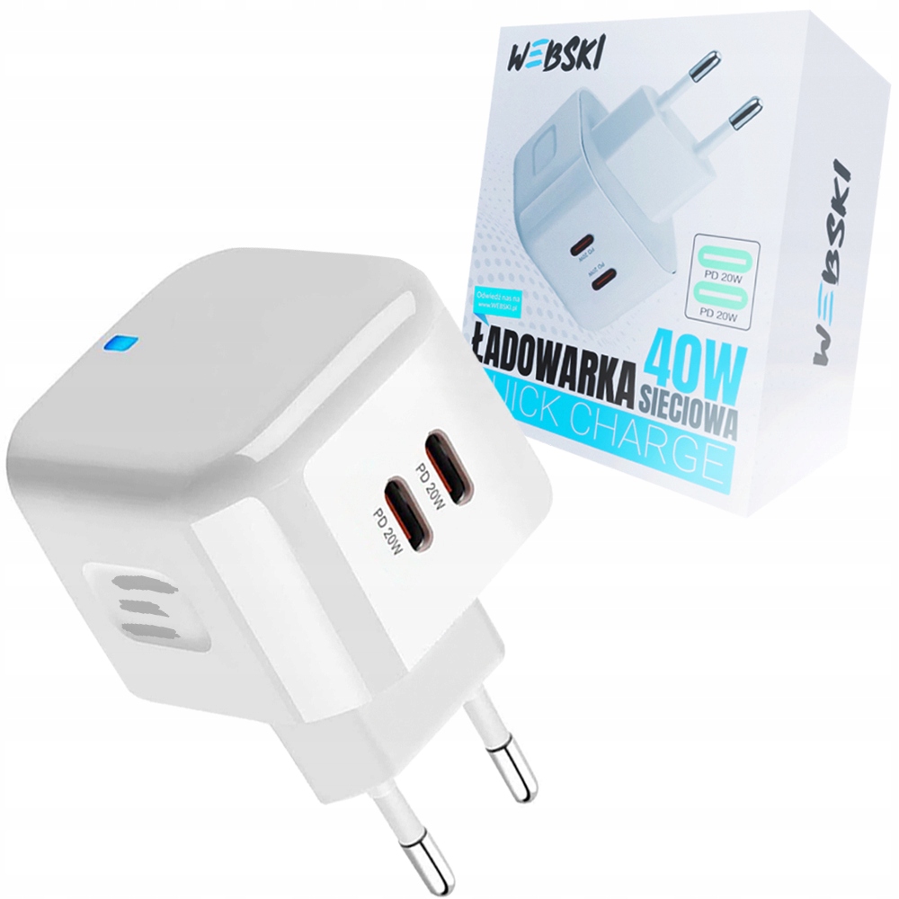 Фото - Зарядний пристрій Webski Szybka Ładowarka Kostka Szybko Ładująca Podwójna 40W 2xUSB-C 40W Pd Qc 3.0 