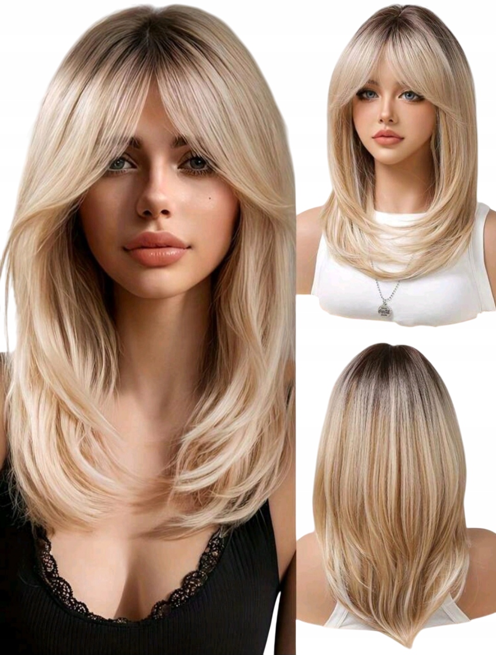 Peruka Damska Blond Ombre grzywka Jak Naturalne Włosy na codzień czepek