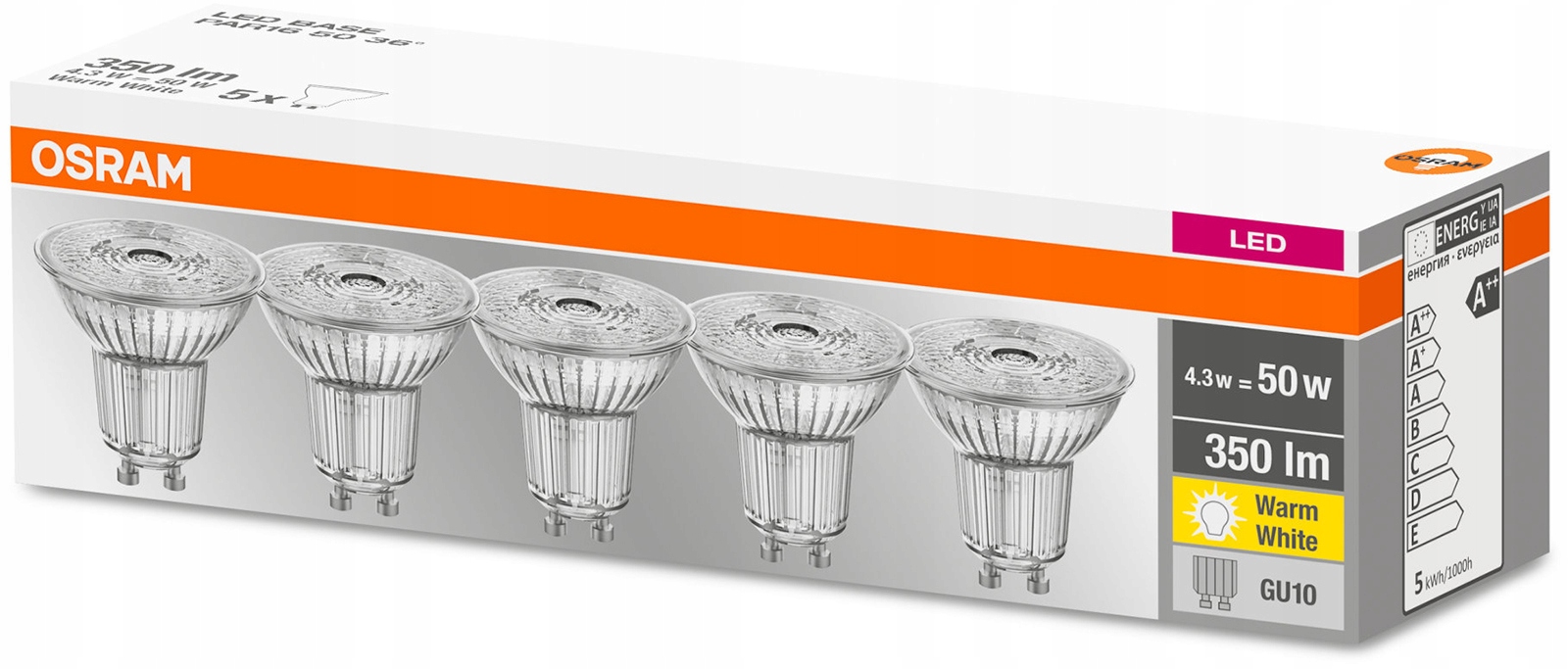 

5x Żarówka Led GU10 Halogen 4,3W 50W 2700K Osram