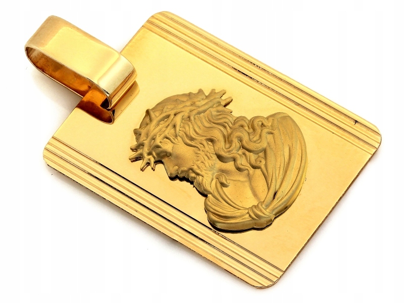 Obdélníkový zlatý medailonek ze žlutého zlata 585 Ježíš s trnovou korunou