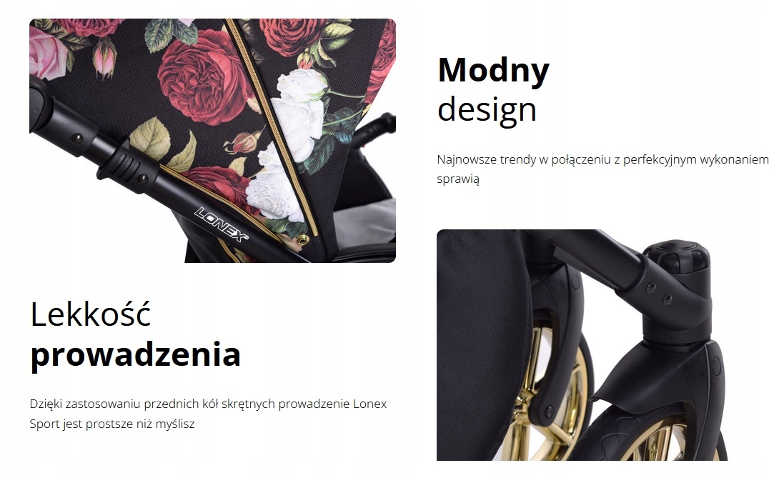 POLSKA spacerówka w kwiaty składany WÓZEK SPACEROWY ZŁOTE FELGI Marka Lonex