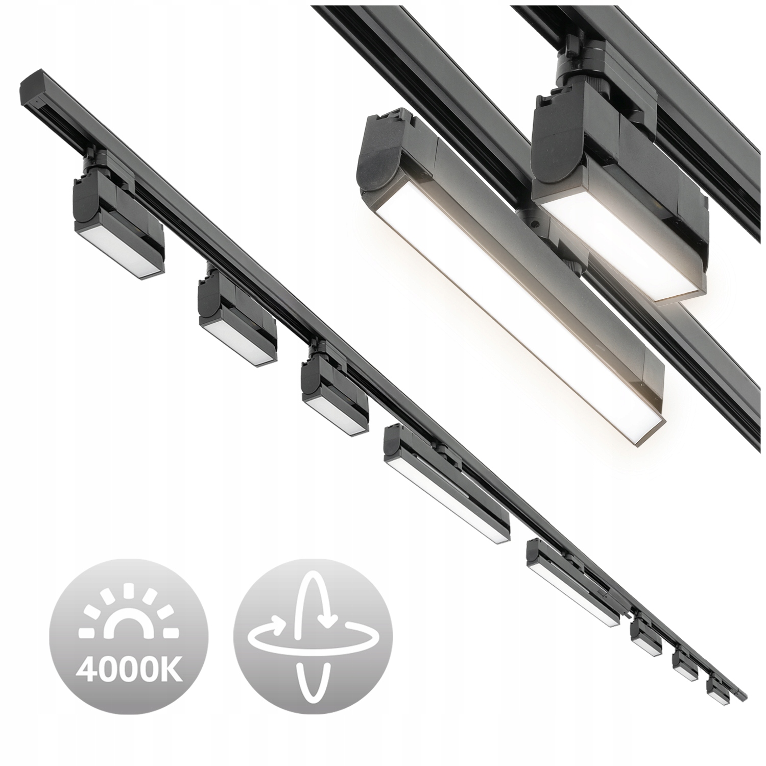 3-fázová koľajnicová súprava 2 m 1 m rovný vypínač 6 x Led 12 W 2 x Led 36 W