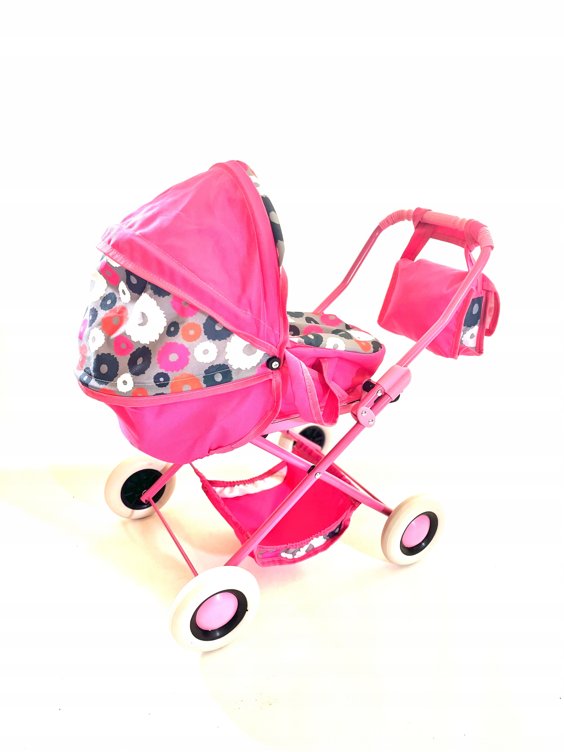 POLSKI WÓZEK DLA LALEK Z TORBĄ RÓZOWY CZER. SZARY