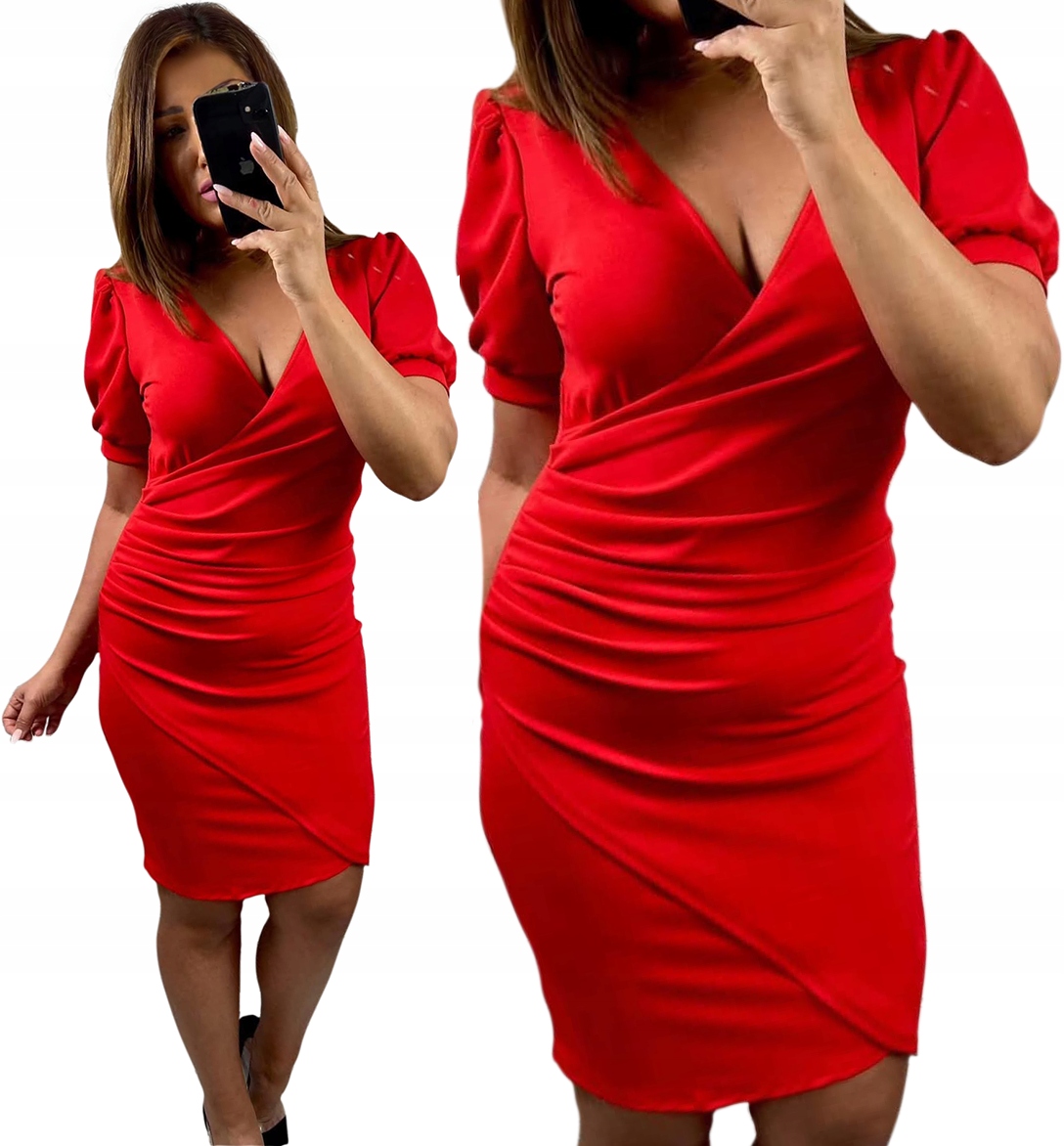 Šaty Midi Kopertová Červená Elegantní Nařasení s krátkým rukávem 42