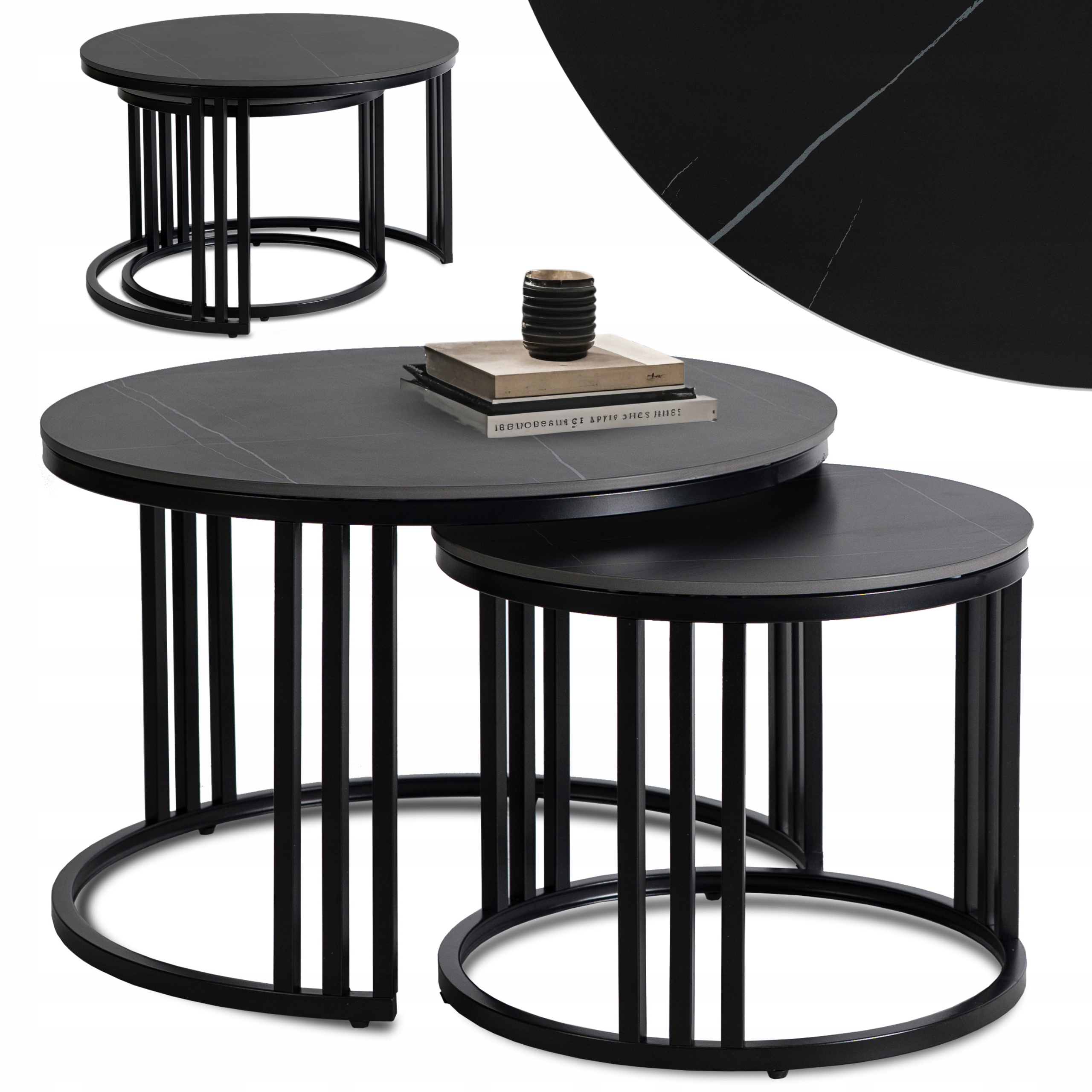 Kávový stolek Kulatý Keramický 2v1 Loftová lavice Černý Mramor Jerry Ø70 Ø50