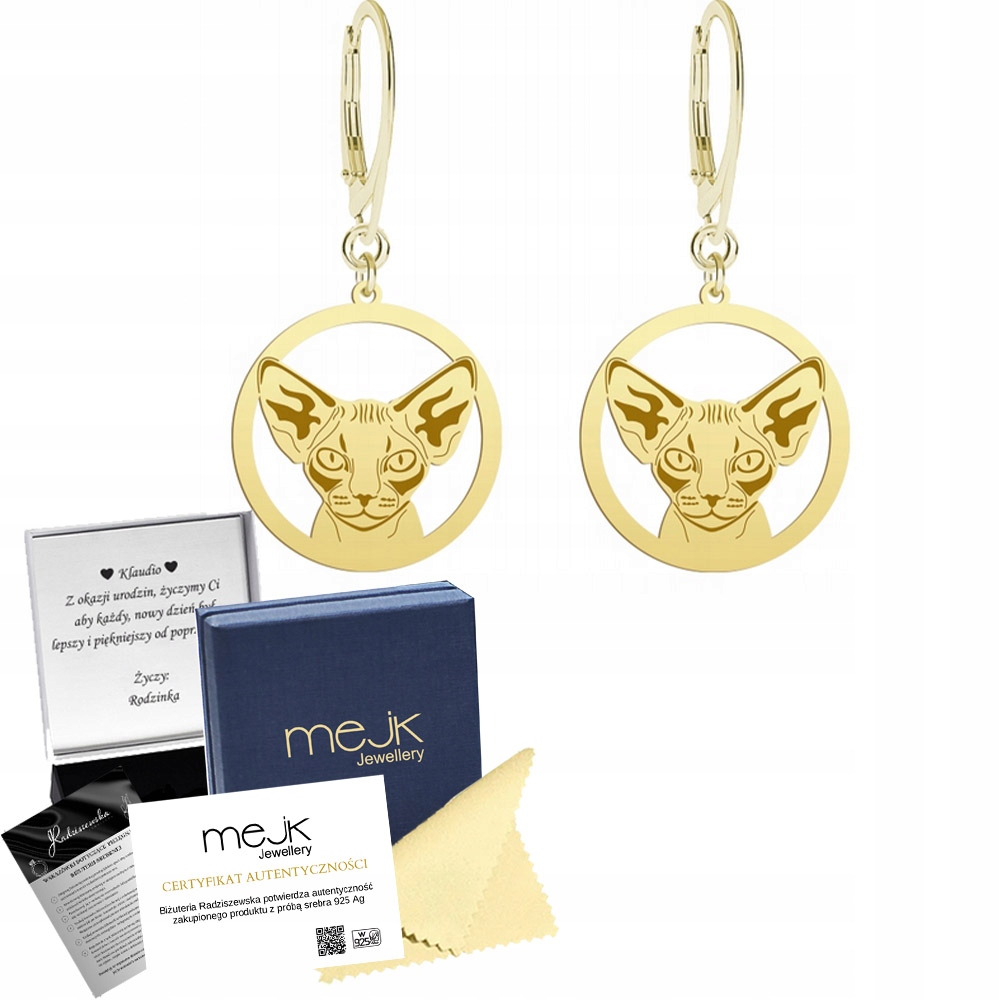 Náušnice Zlaté s kočkou Devon Rex 925 Dárek Žena Šperky Gravírování
