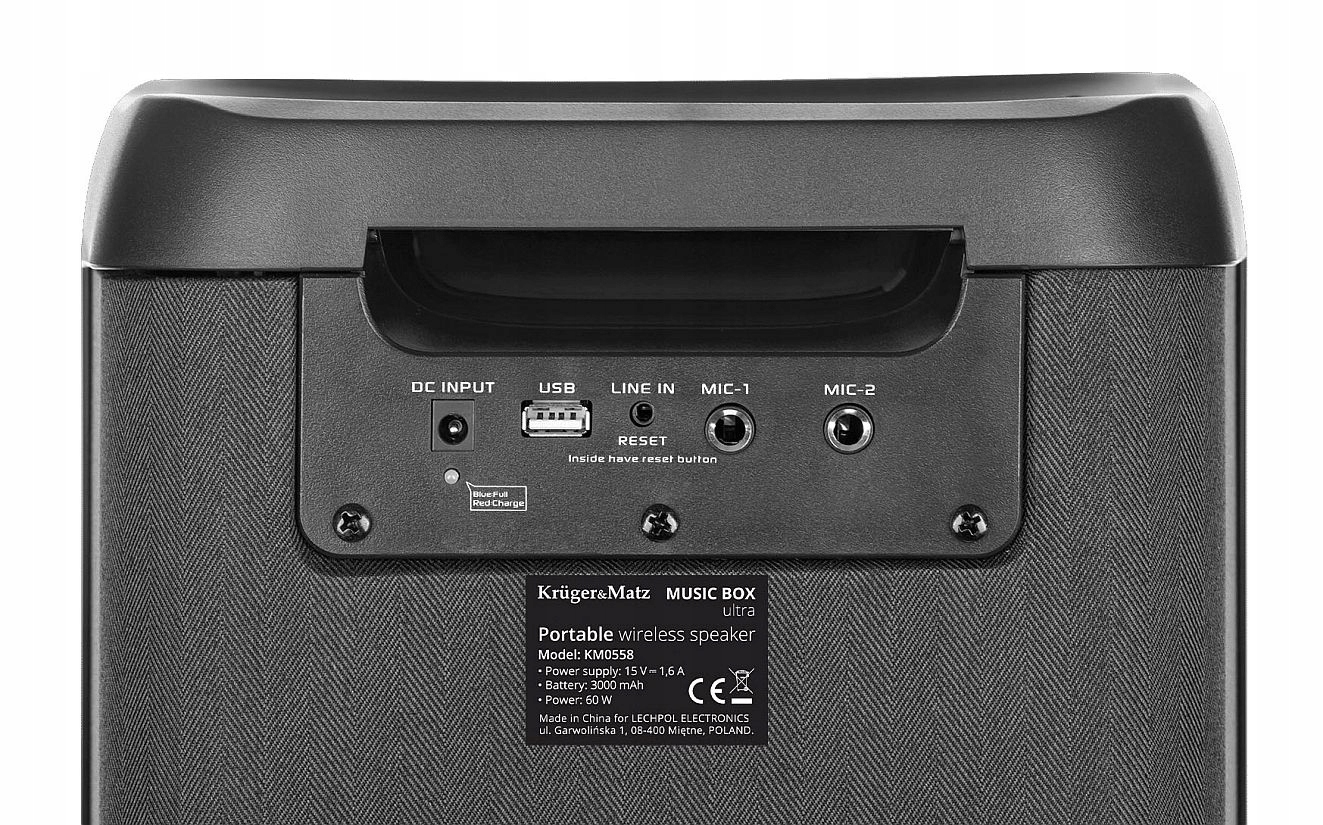 KOLUMNA AKTYWNA KRUGER&MATZ BT/USB/FM przenośna z mikrofonem bezprzewodowym Zasilanie akumulatorowe