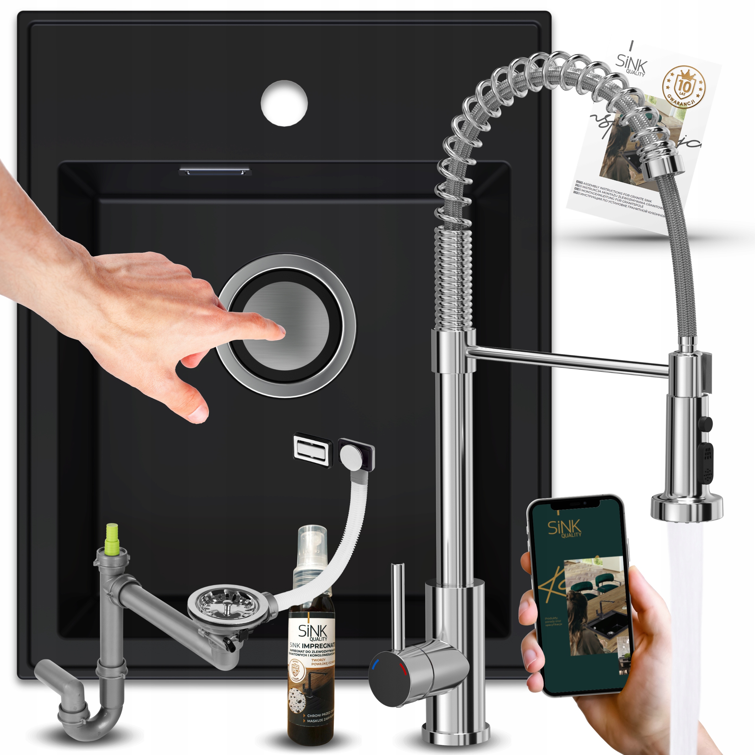 Set Granitový Dřez 50x40 Černý S Dvoustupňovou Baterií Sifon