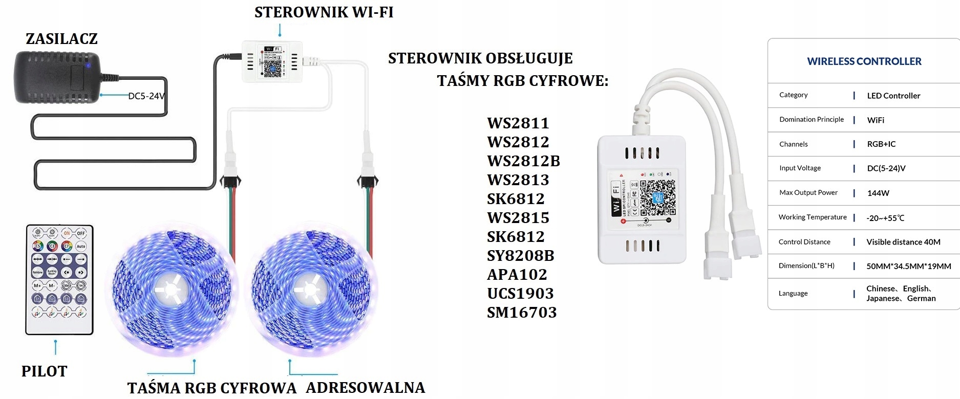 Sterownik WIFI Magic RGB WS2811 WS2812B Cyfrowa D Marka inna