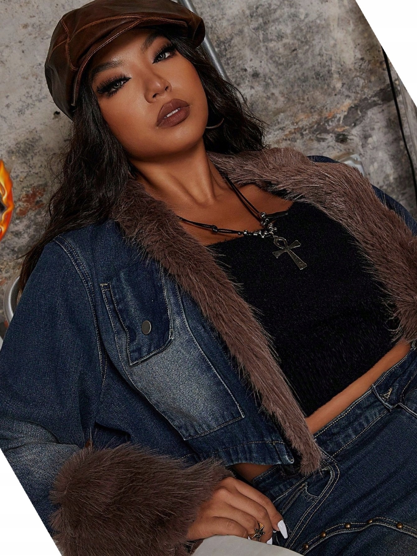 Dámská džínová bunda s kožešinovou úpravou 3xl46 Vintage