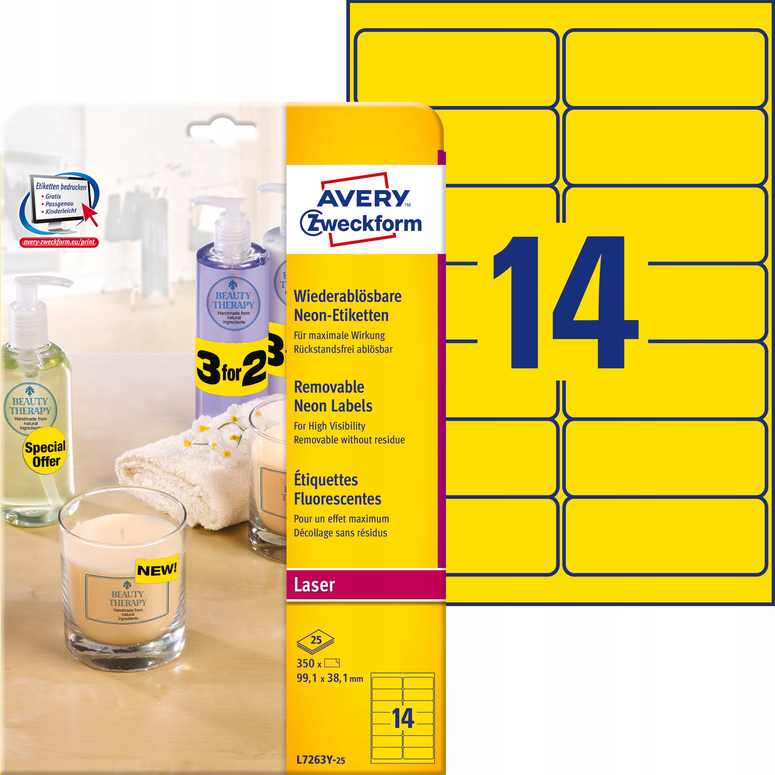 Avery etykiety żółty neon L7263Y-25 99,1 x 38,1 mm