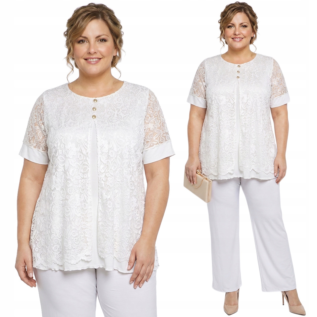 Ecru halenka s krajkovým přehozem a zlatými knoflíky plus size velikost 60/62