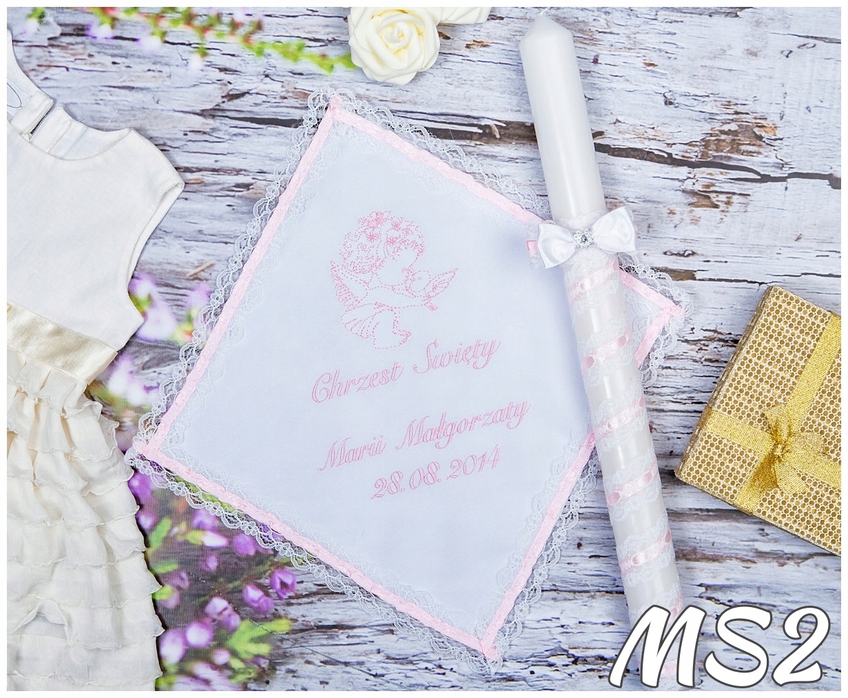 Świeca na Chrzest biała Szatka do chrztu komplet dla dziewczynki chłopca MS Marka Inna marka