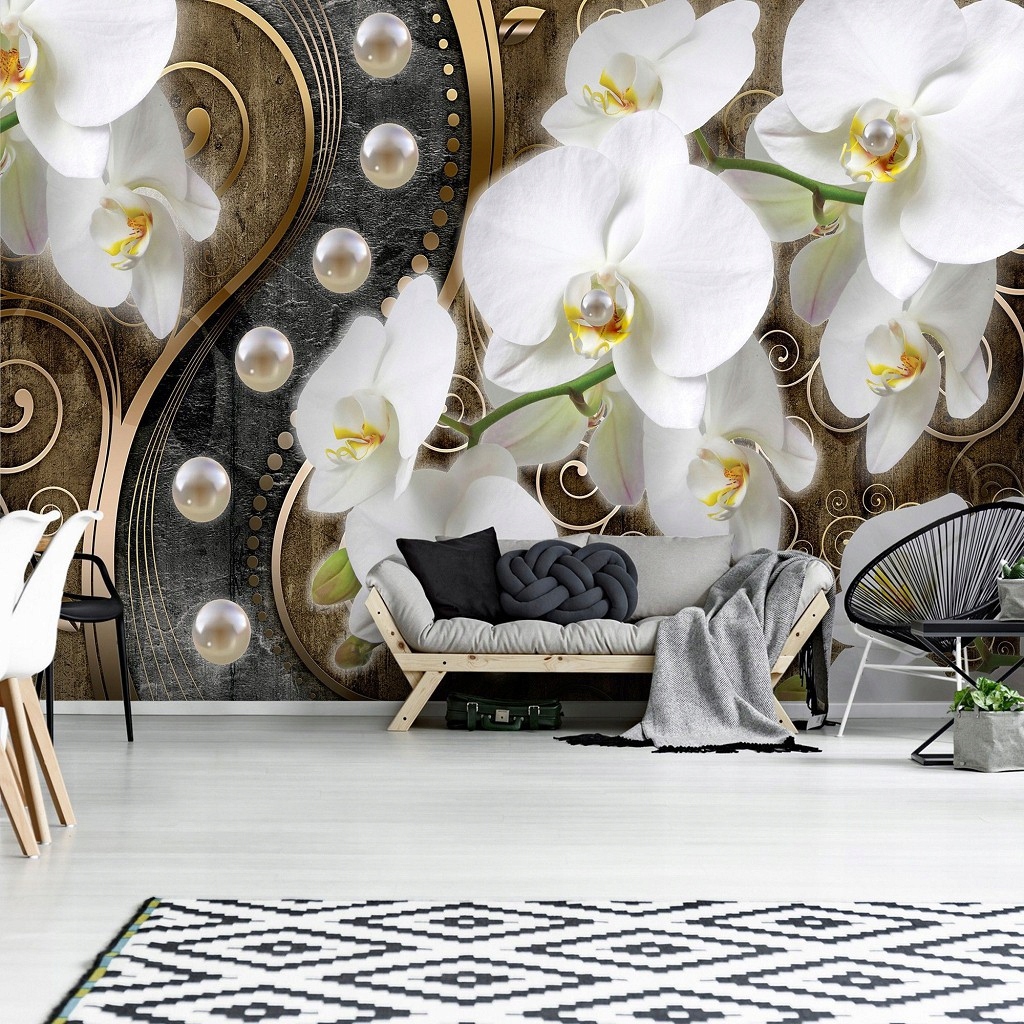 Vliesová fototapeta Bílé orchideje perly zlato elegance 416x254 lepidlo