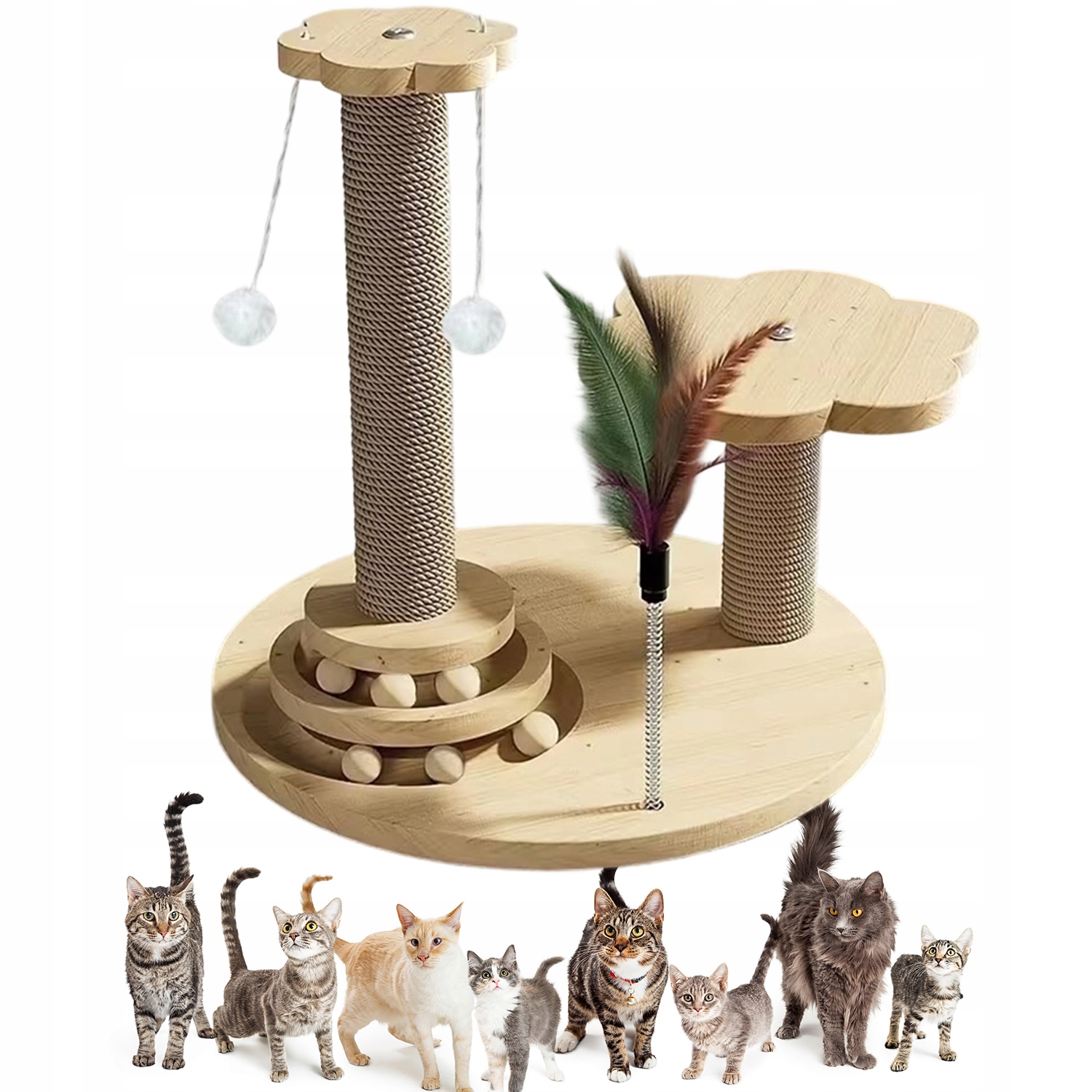 Levně Stojan S Škrabadly A Plošinami Pro Kočky, Dřevěný, S Peříčky