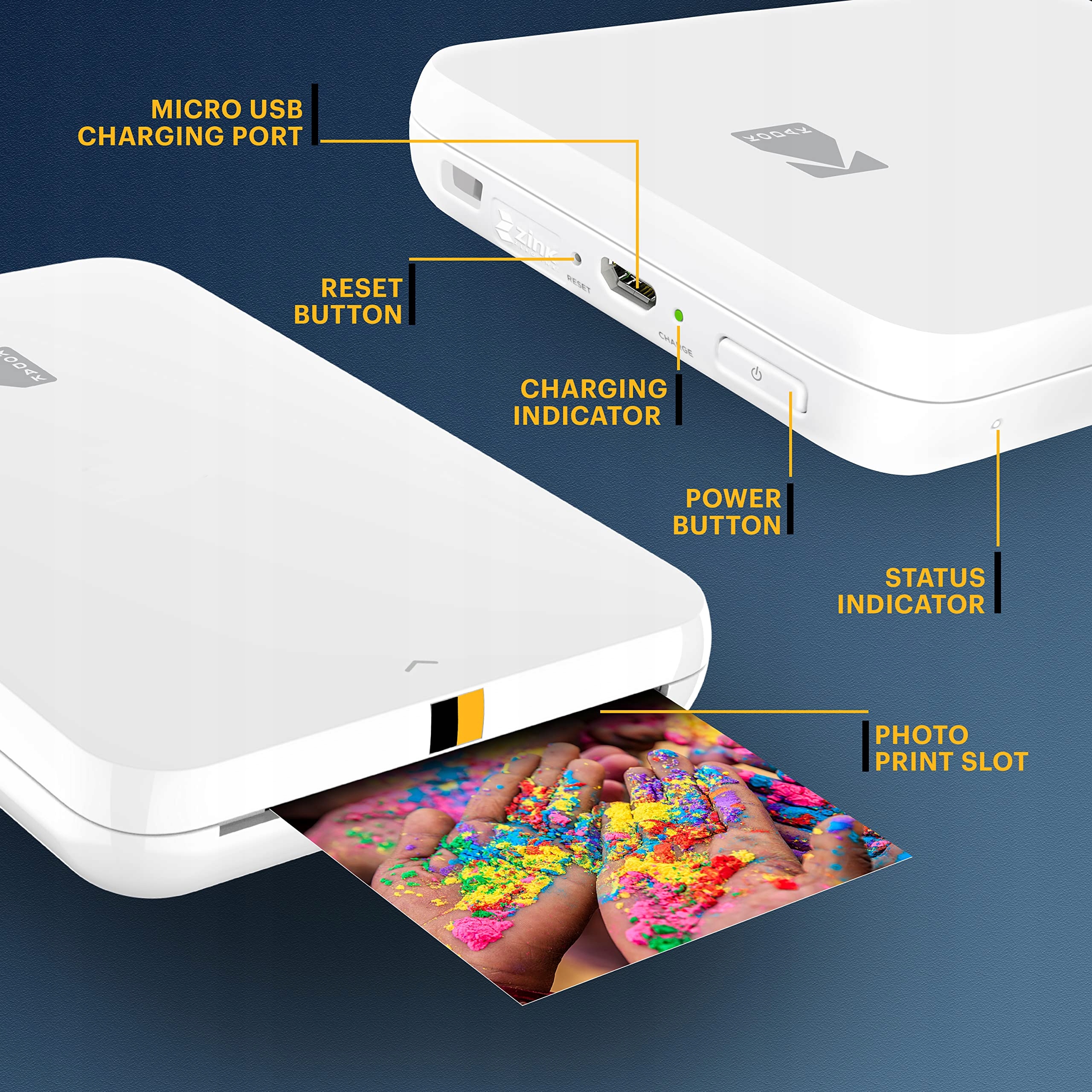 KODAK Step Slim Mobilny Drukarka Zdjęć Zink 2x3 Bluetooth iOS Android Biały — miniatura 2