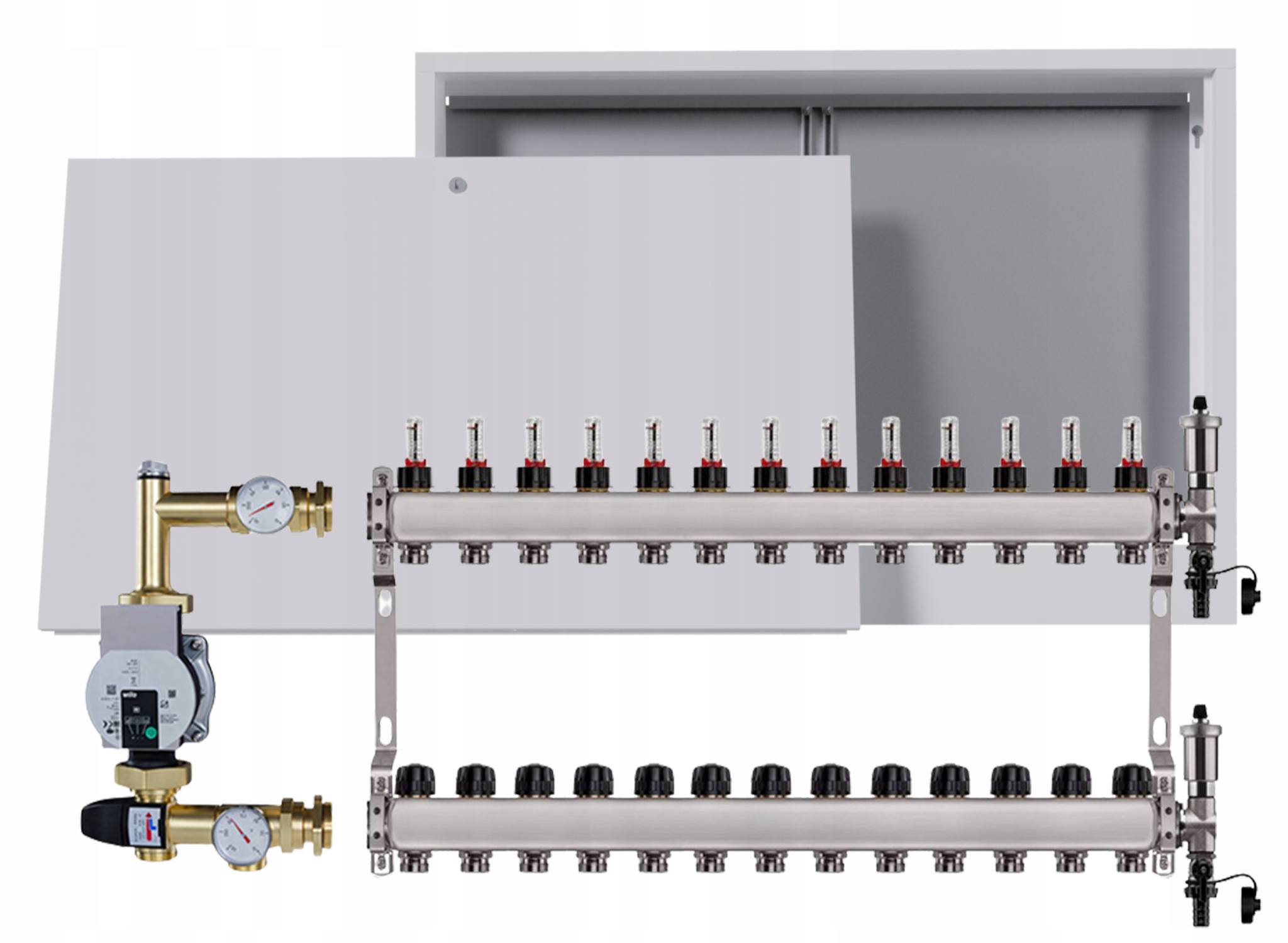 Nerezový rozdělovač pro podlahovku 13 s nástěnným boxem Pumpa Wilo