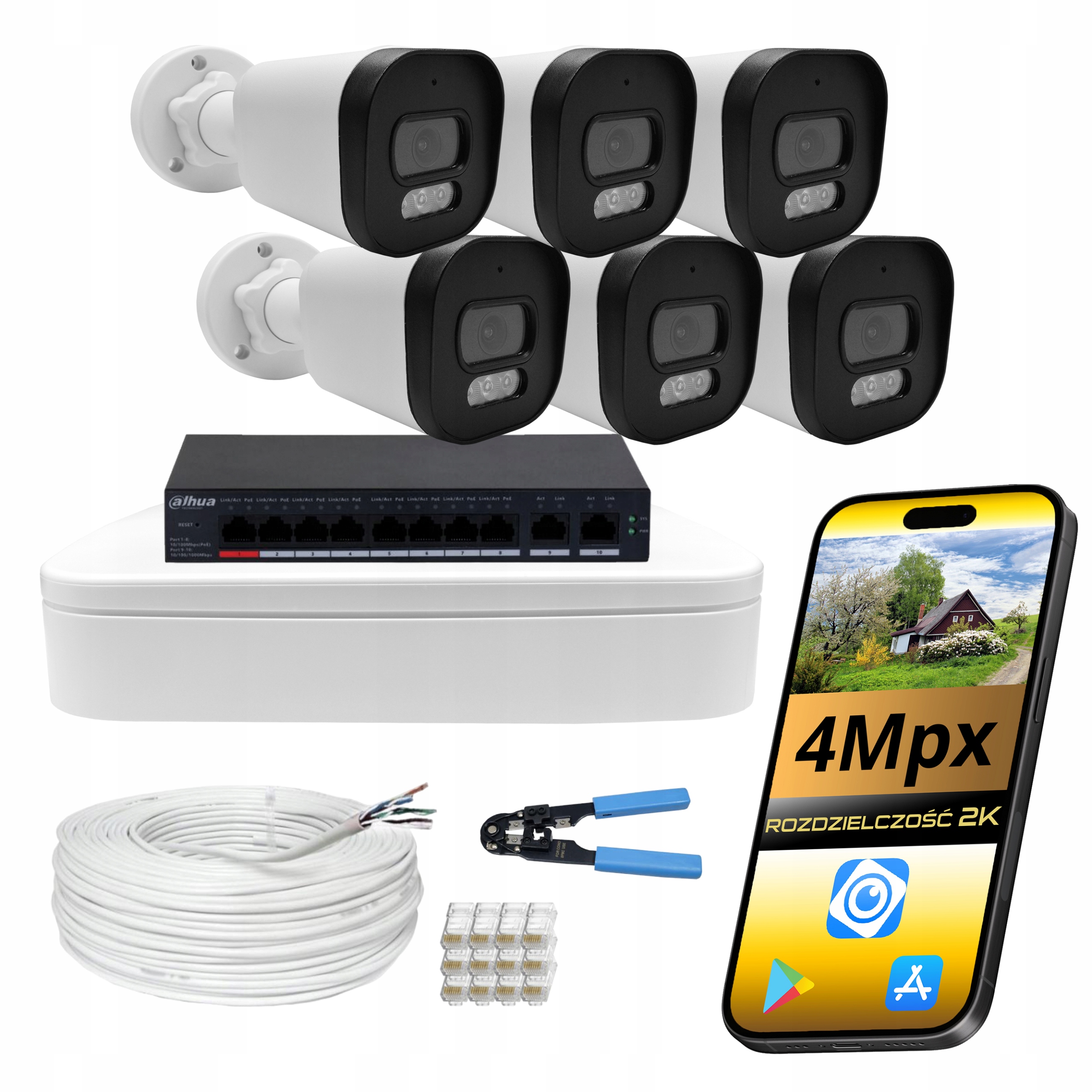 Kompletní sada pro monitorování domu, 6 kamer Ip PoE 4Mpx Dahua Dual Light