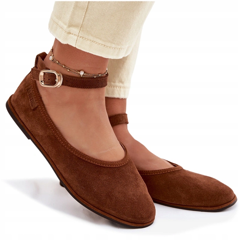 Dámské Baleríny Semišová Kůže Plochý Pásek Zlatá Spona Big Star Camel 40