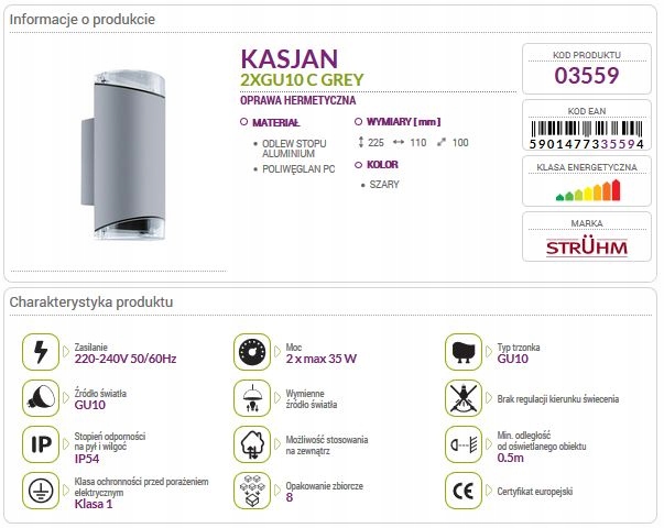 Kinkiet ogrodowy KASJAN 2xGU10 grey 03559 Struhm Zasilanie sieciowe