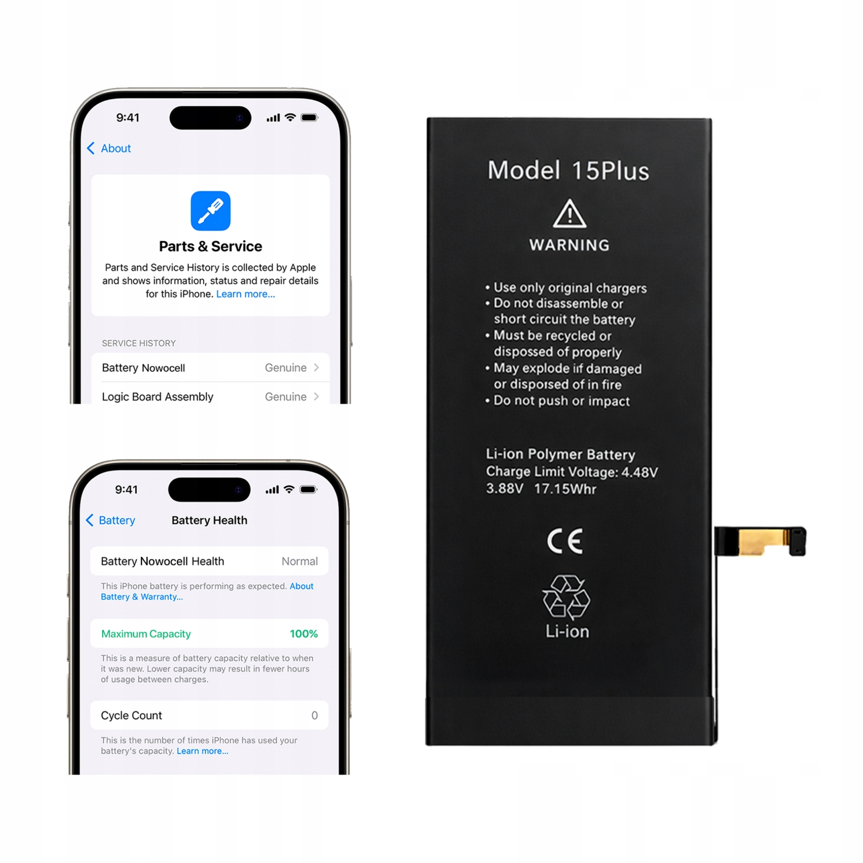 Bateria iPhone 15 Plus 4383 mAh Bez Komunikatu Oem Jakość Kondycja 100%