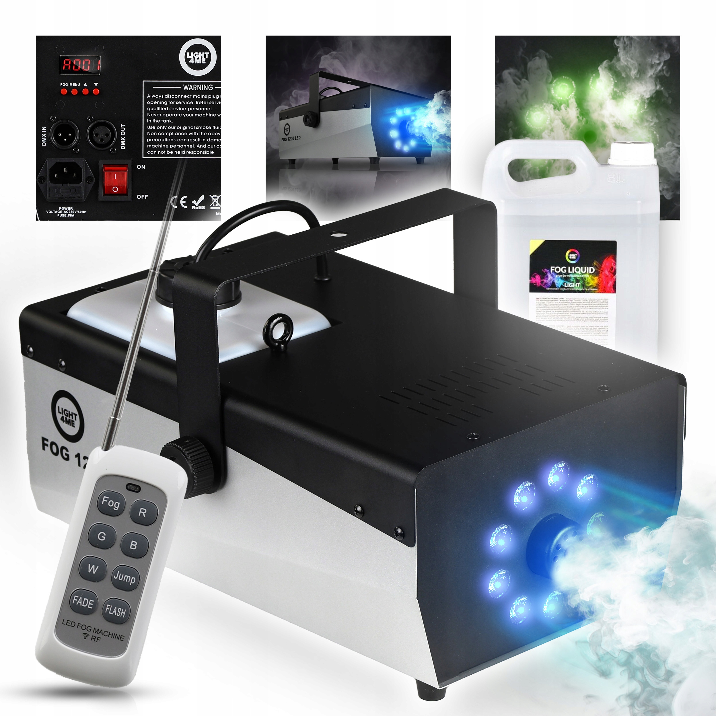 Výrobník Kouře, Kouřová Mlha, 9 Led Diod Rgbw LIGHT4ME Fog 1200W Dálkové Ovládání Kapalina