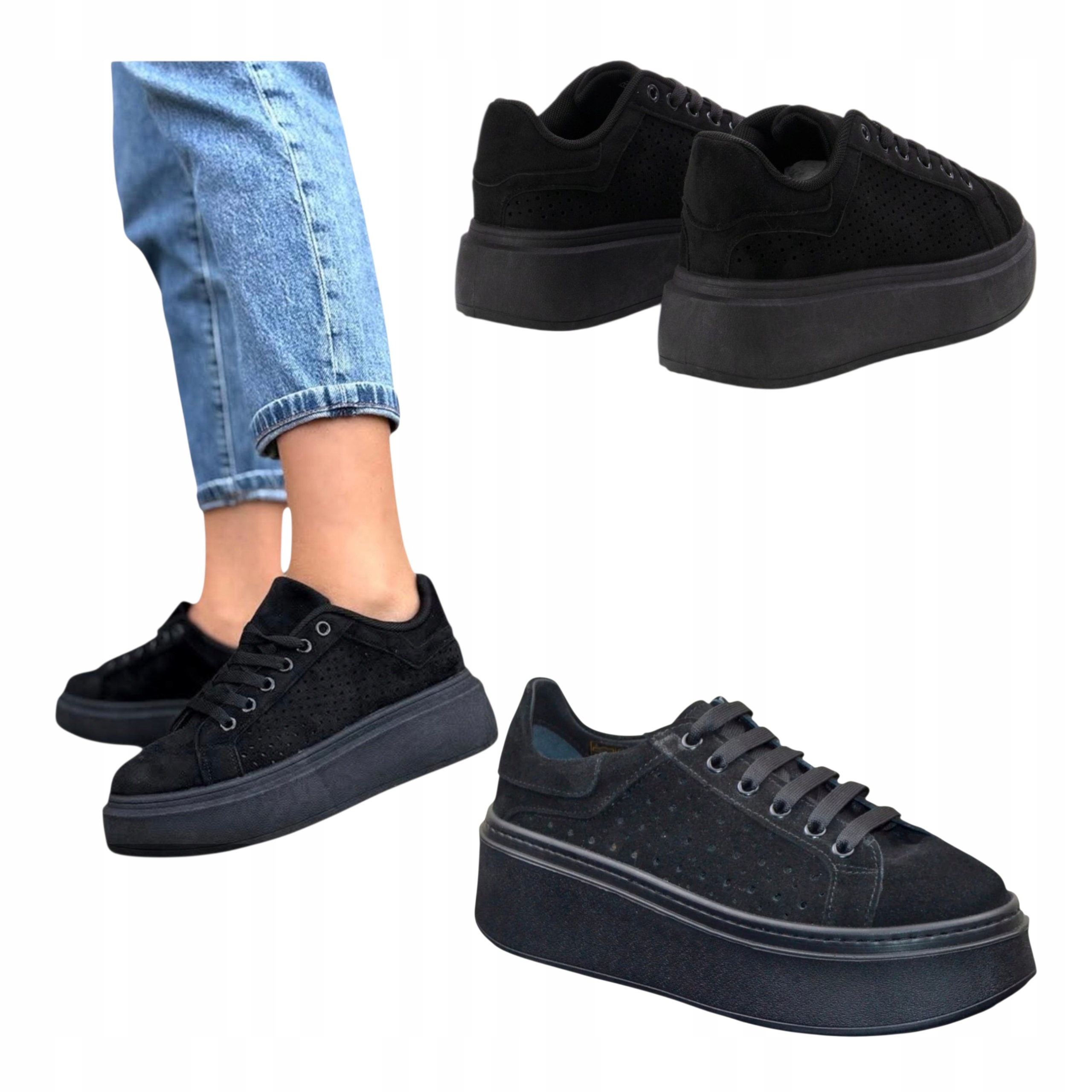 Dámské kožené semišové tenisky na platformě, pohodlné, černé, velikost 37