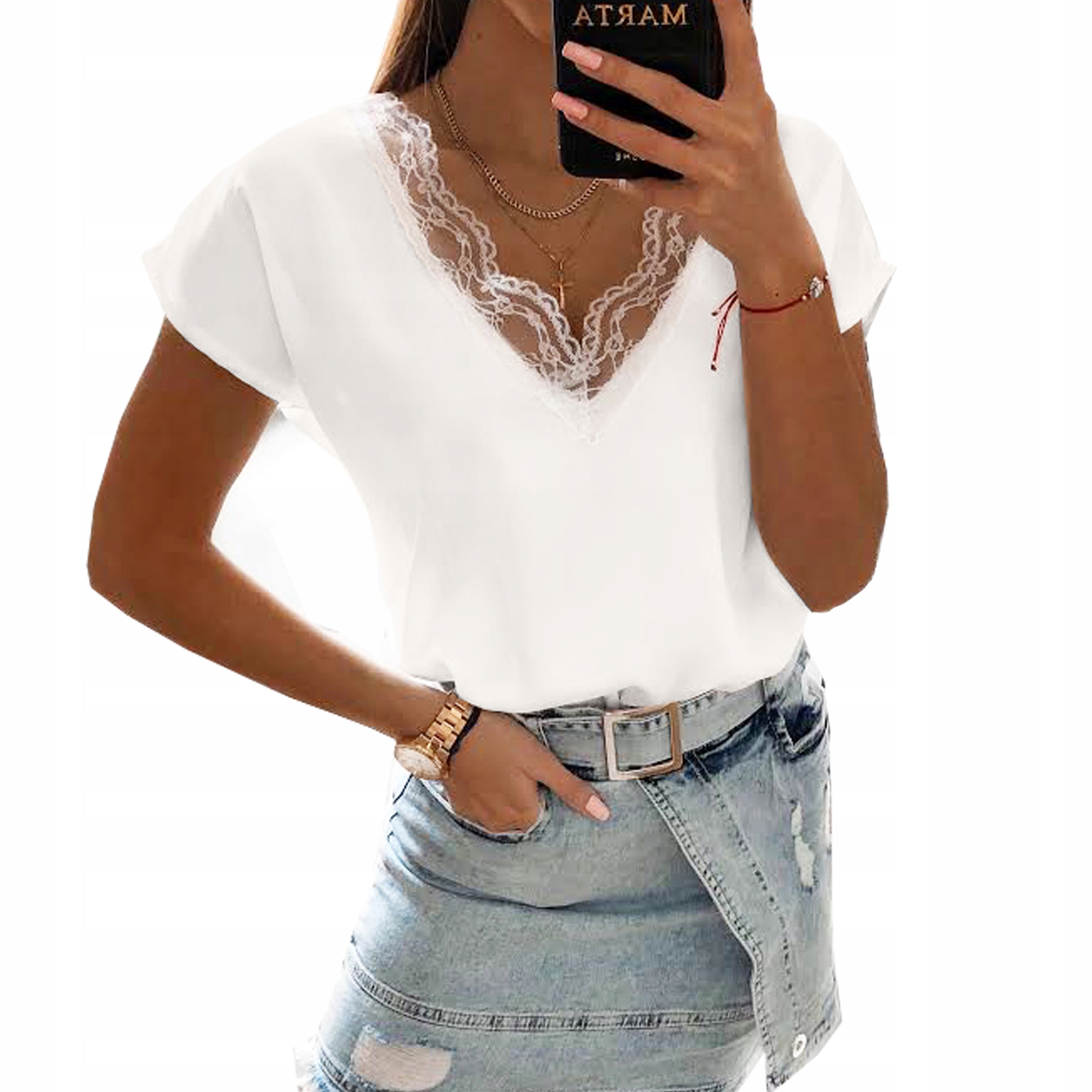 

Bluzka Elagancka Delikatna Dekolt Koronka Biel