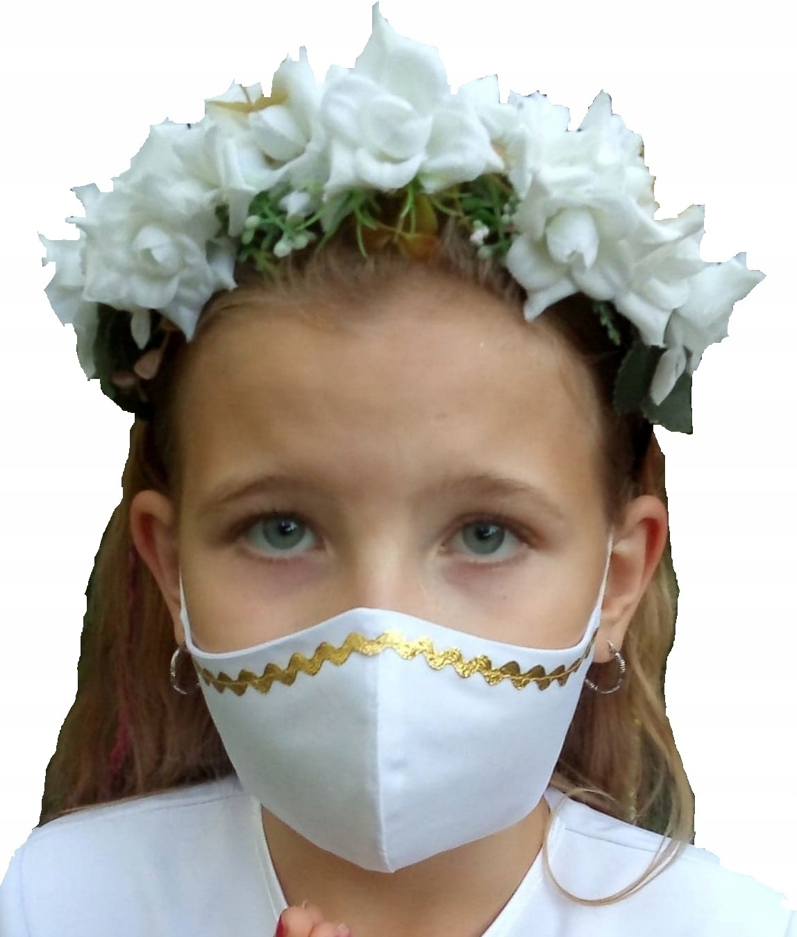 

Maseczka Dziecięca komunijna ZŁOTO.biała Profilowa