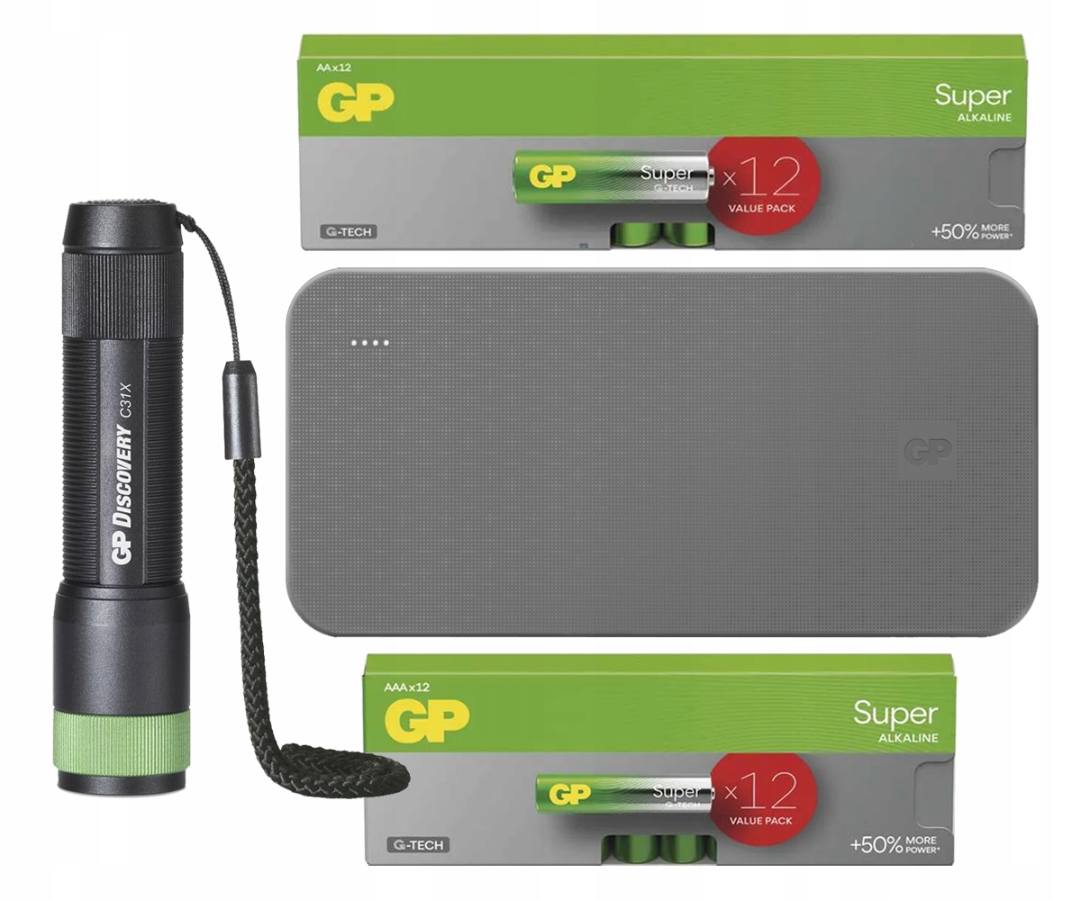 Zestaw awaryjny: latarka baterie Aa i Aaa powerbank Gp 10000 mAh
