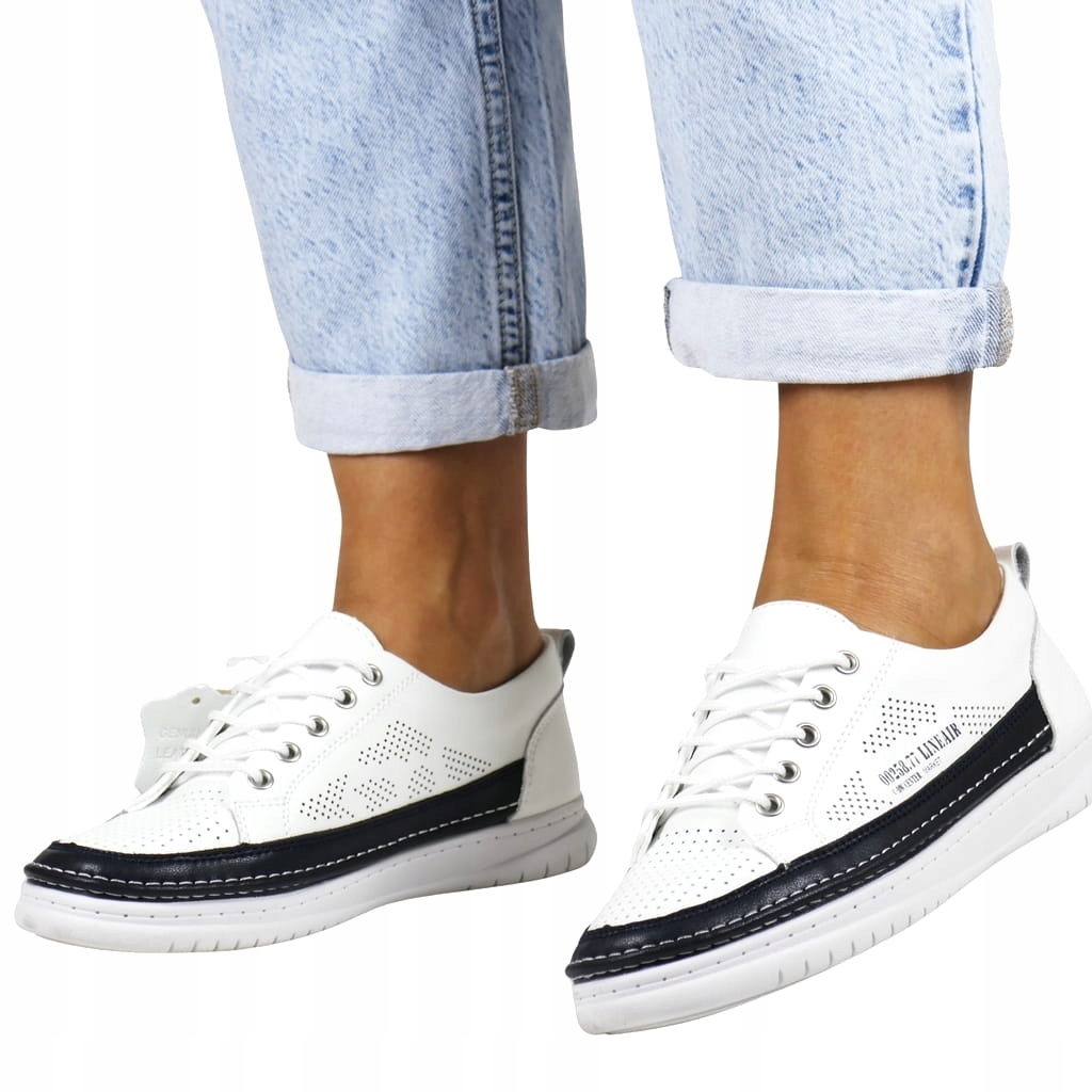 Bílé Tmavě Modré Tenisky, Dámské Polobotky, Kožené, Děrované, Velikost 39