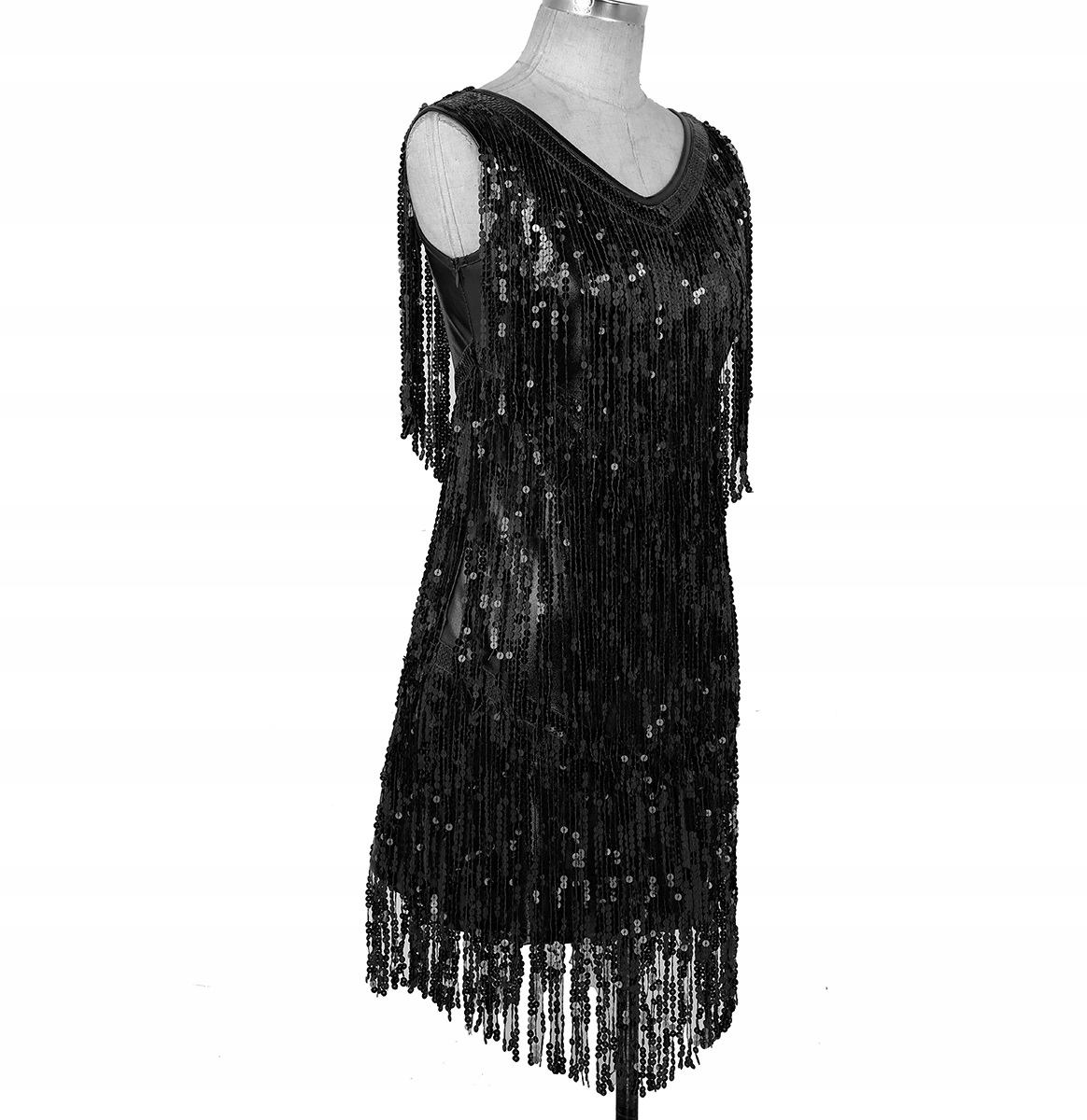 Czarna Sukienka Cekiny Frędzle Sylwester Bal 2XL Linia plus size (duże rozmiary)