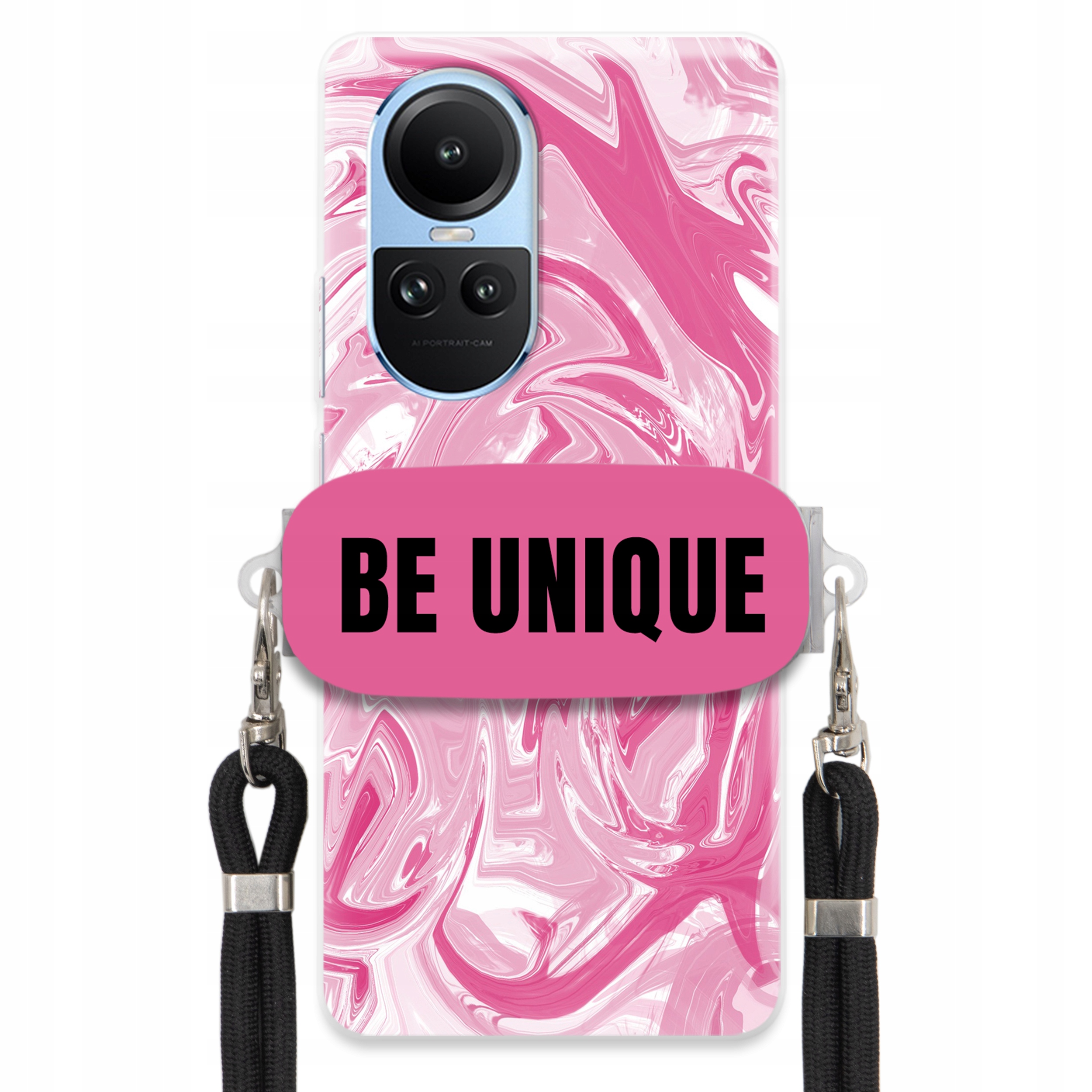 Puzdro pre Oppo Reno 10 Pro 5G Case držiak na šnúrku Čierna ružová Mramor Unique