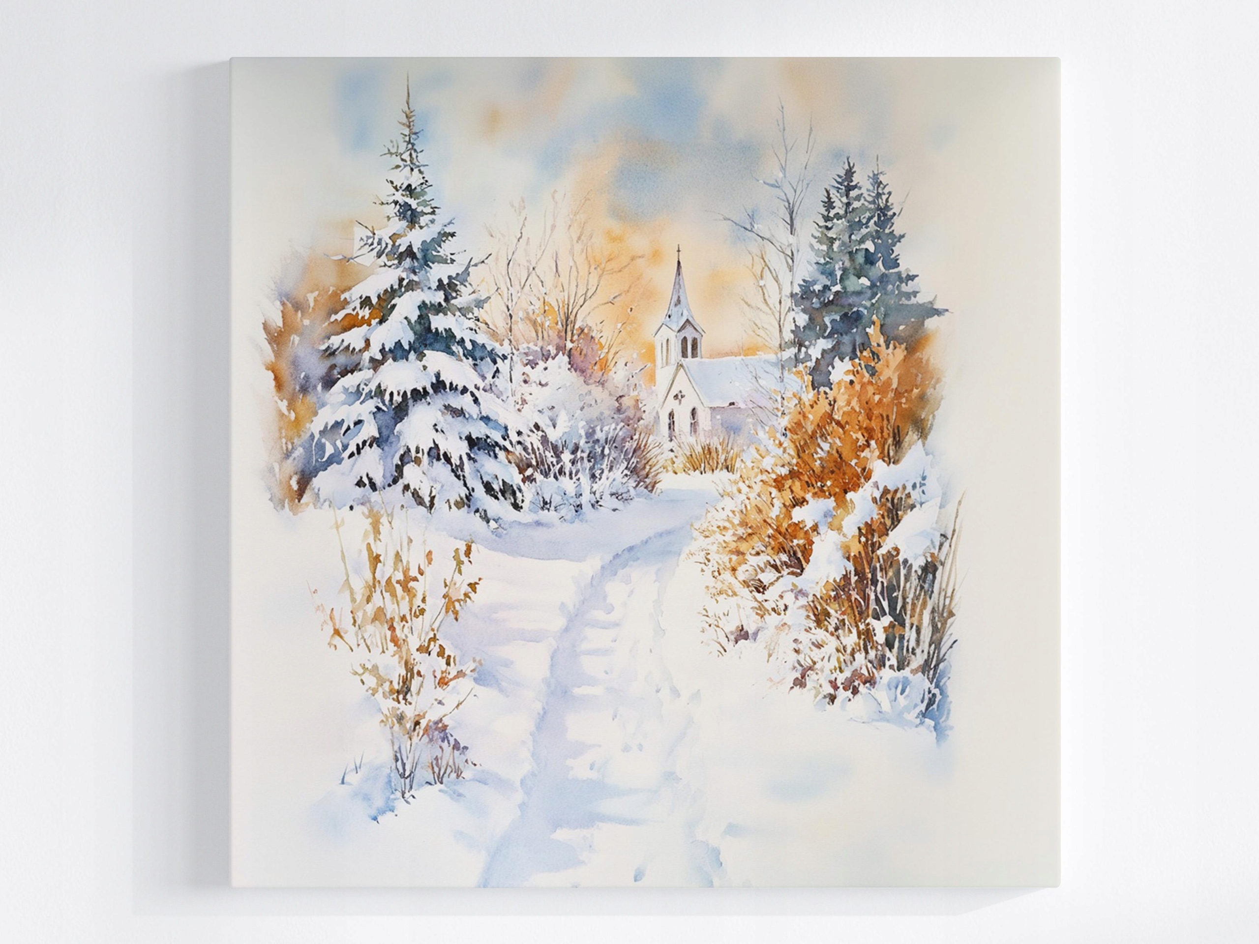 Obraz Na Plátně Canvas Krajina Kopec Kostel Zima Sníh Stezka 80x80