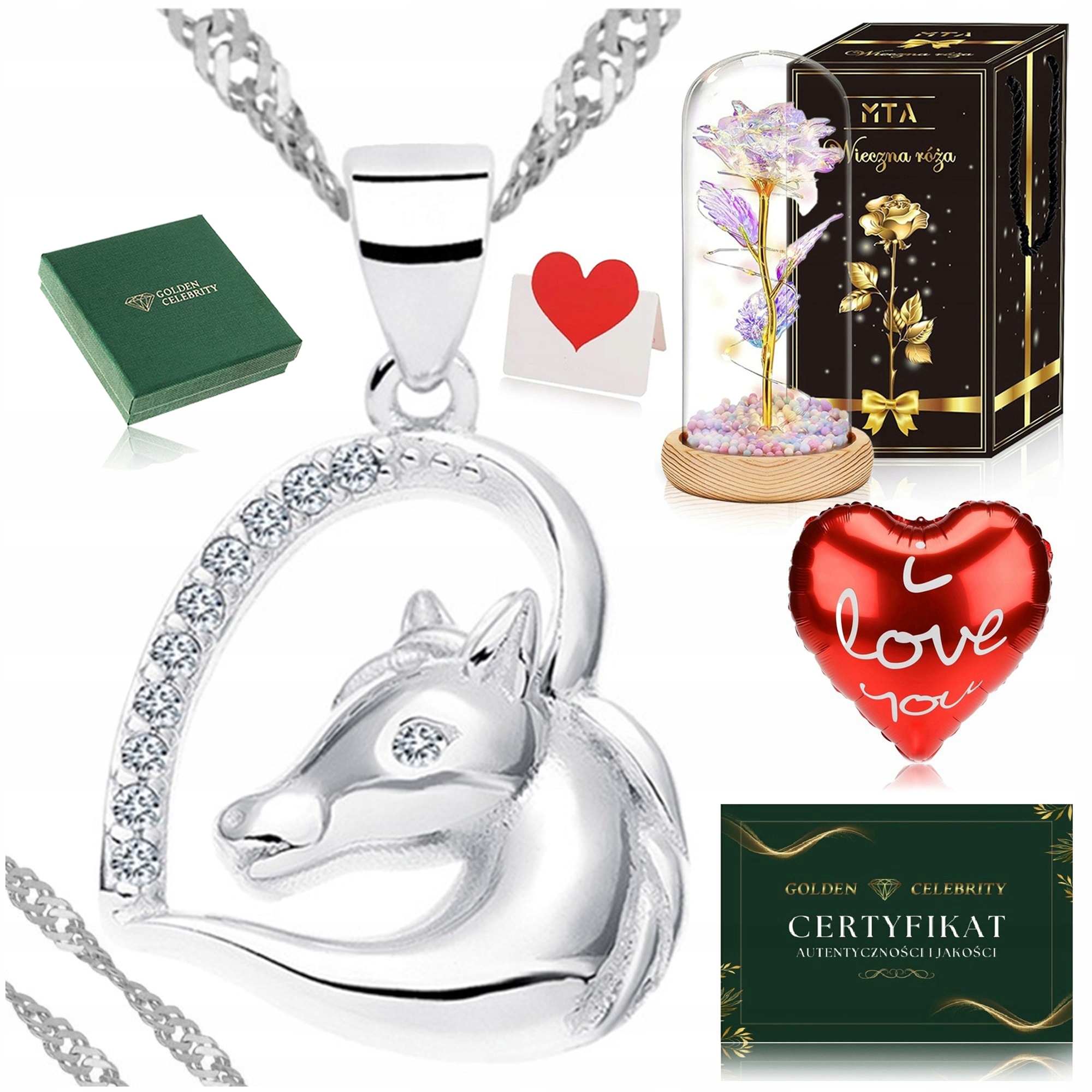 Stříbrný Řetízek Singapur Náhrdelník Přívěsek Srdce Kůň Věčná Růže