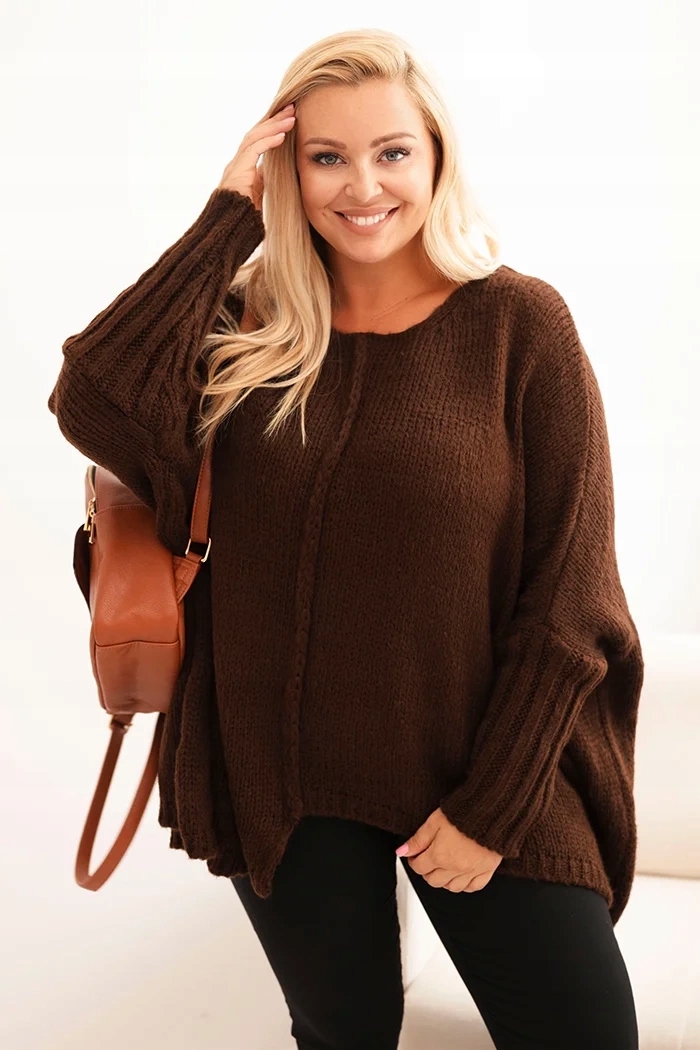 Dámský svetr Plus Size s akrylem a volným střihem a 3/4 rukávem, hnědý
