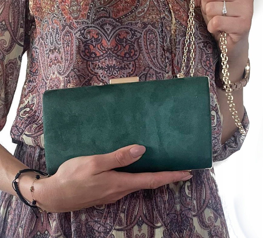 Zamszowa wizytowa torebka kopertówka zielony