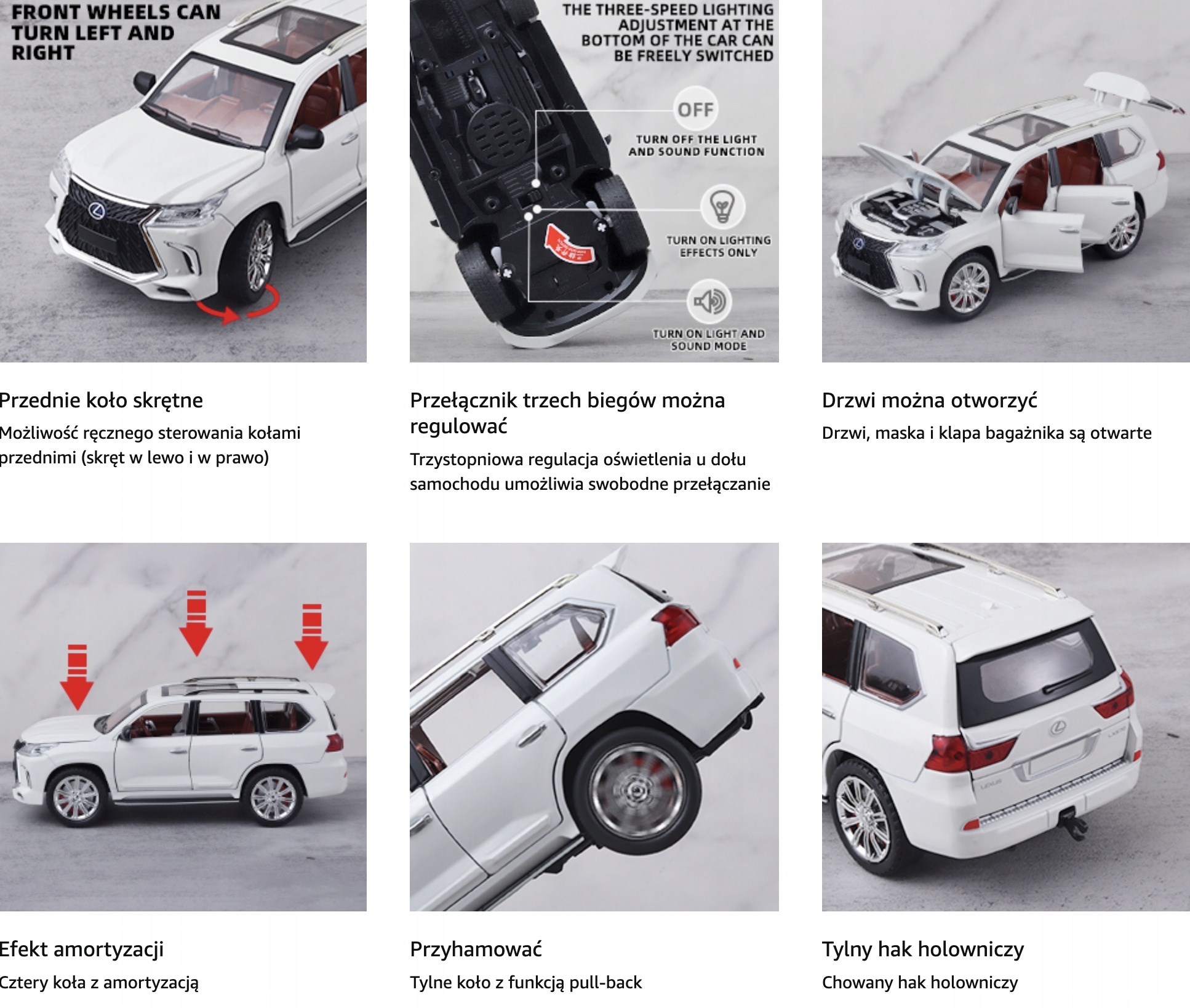 Model samochodu Lexus 570 Metalowy Biały 1:24 otwierane drzwi LED Model Lexus 570