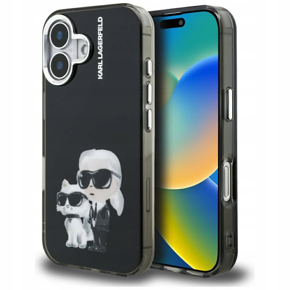 Pouzdro Karl Lagerfeld IML Aquarelle Karl & Choupette & Logo pro iPhone 16 cz