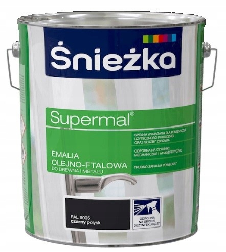 Śnieżka Supermal Emalia Olejovo-ftalová Čierna Ral 9005 Lesk 10L