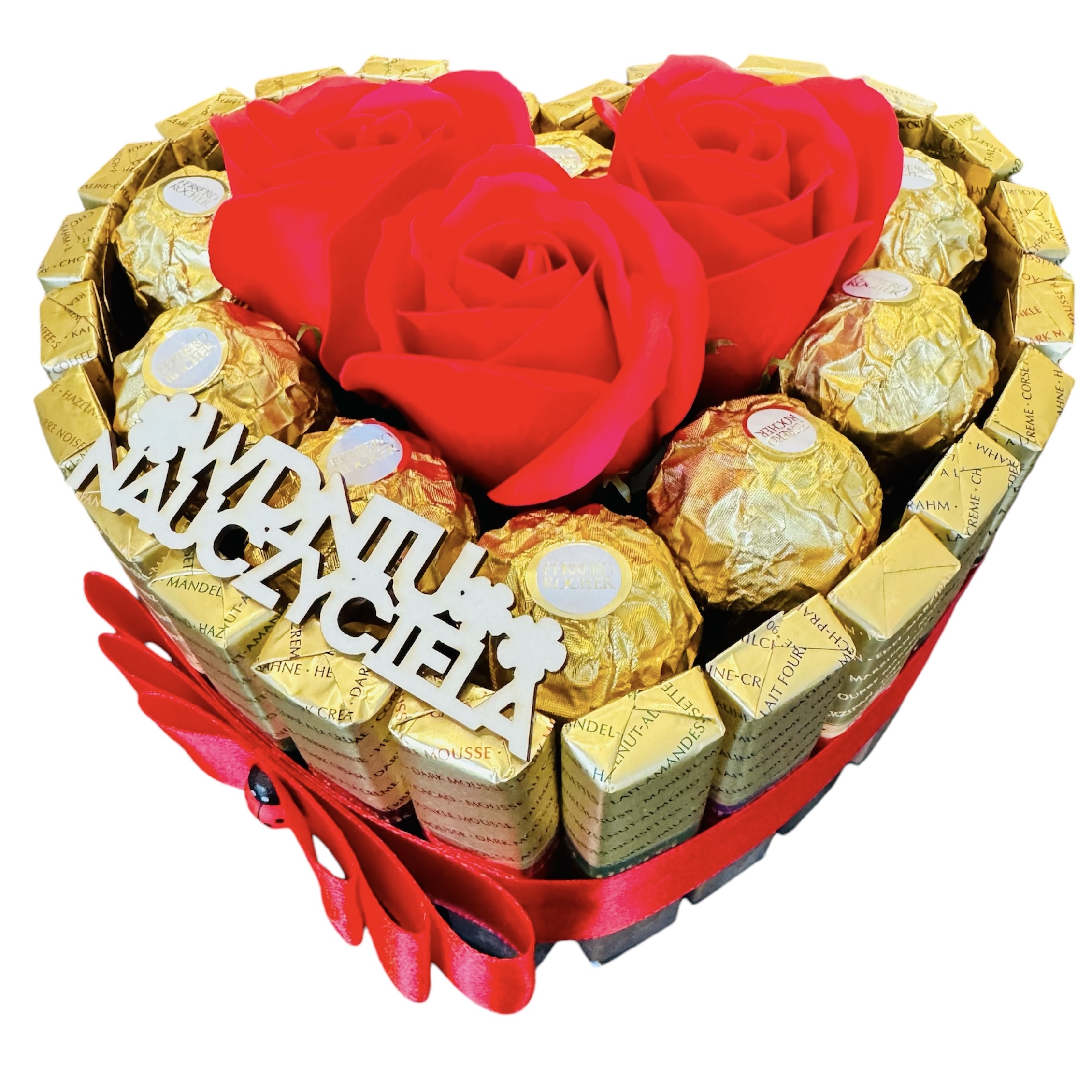 Słodki Merci Ferrero róż mydlanych na Dzień Nauczyciela +napis