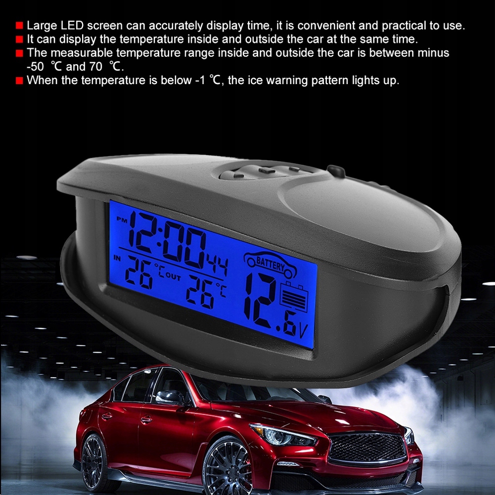 TERMOMETR SAMOCHODOWY WEWNĘTRZNY Z ZEGARKIEM Stan opakowania oryginalne