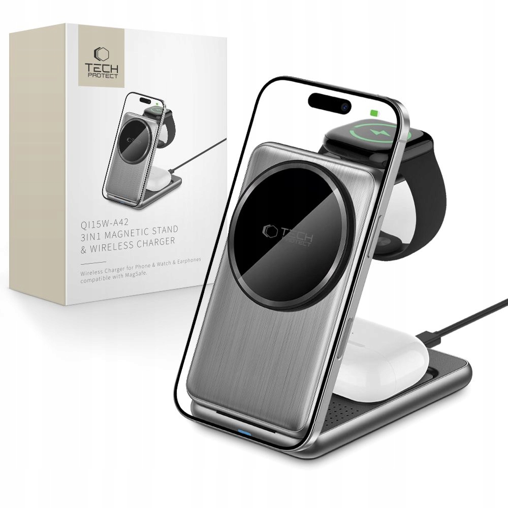 Tech-protect QI15W-A42 3IN1 Magnetic Magsafe Wireless Charger Space Grey